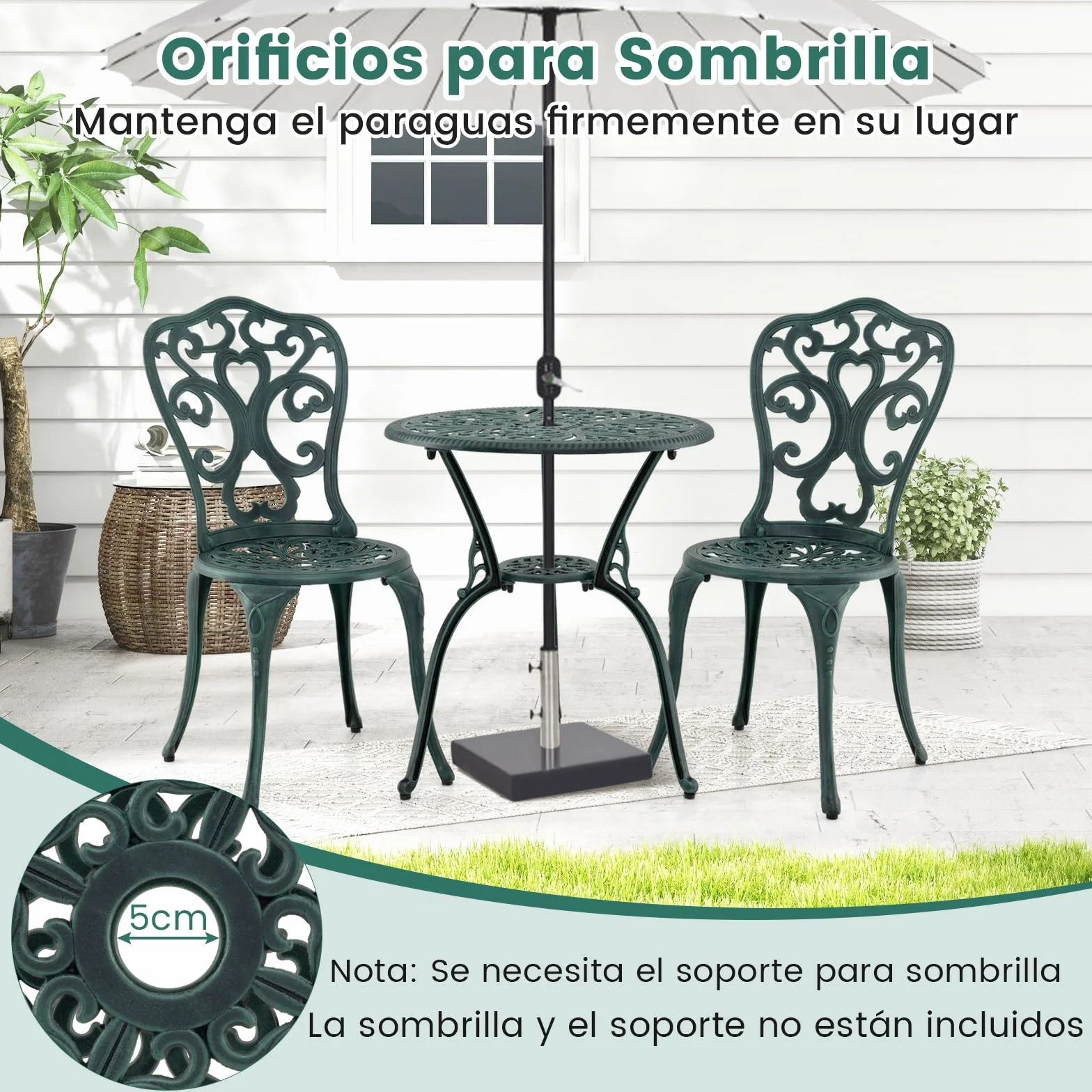 COSTWAY Conjunto Jardin Exterior 3 Piezas Sillas Mesa Aluminio Fundido Agujeros Sombrilla