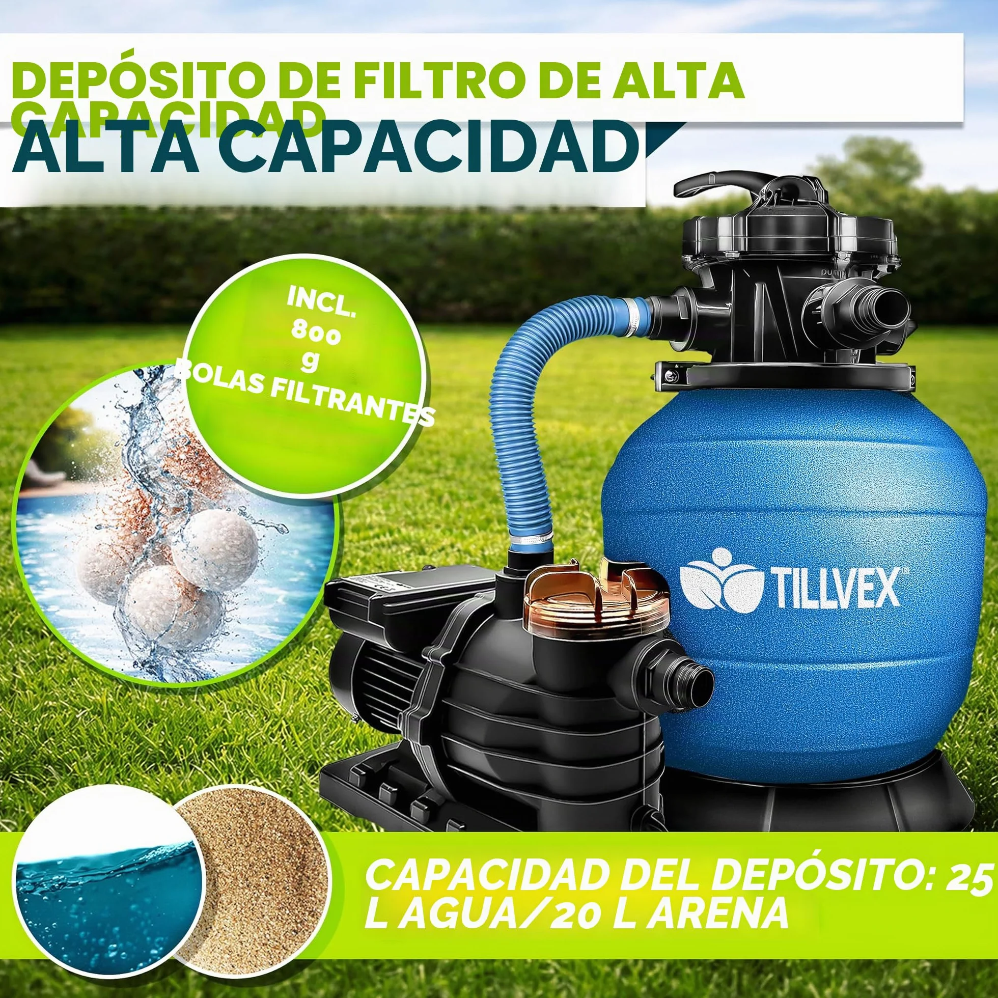 Tillvex Depuradora de Agua para Piscina 10 m³/h Bomba de Filtro de Arena con Válvula Azul