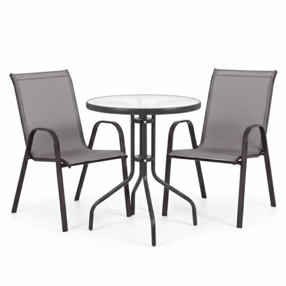MONTY Conjunto Exterior Mesa 60 cm Acero Cristal Templado 2 Sillas Textileno Antracita