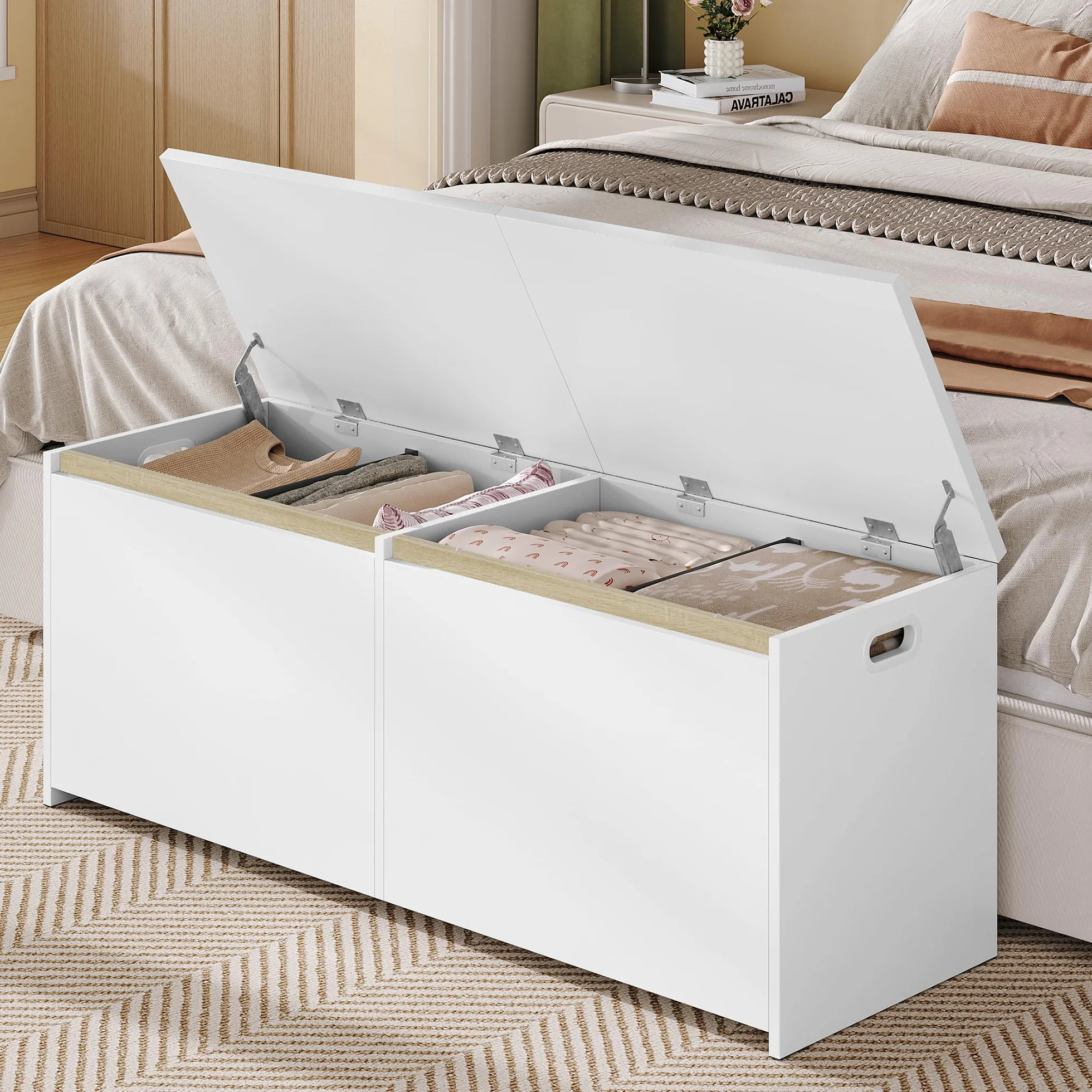 Hzuaneri 120cm Baul Almacenaje con Doble Puerta, Banco Espacio Interior, 40x120x47 cm, Blanco