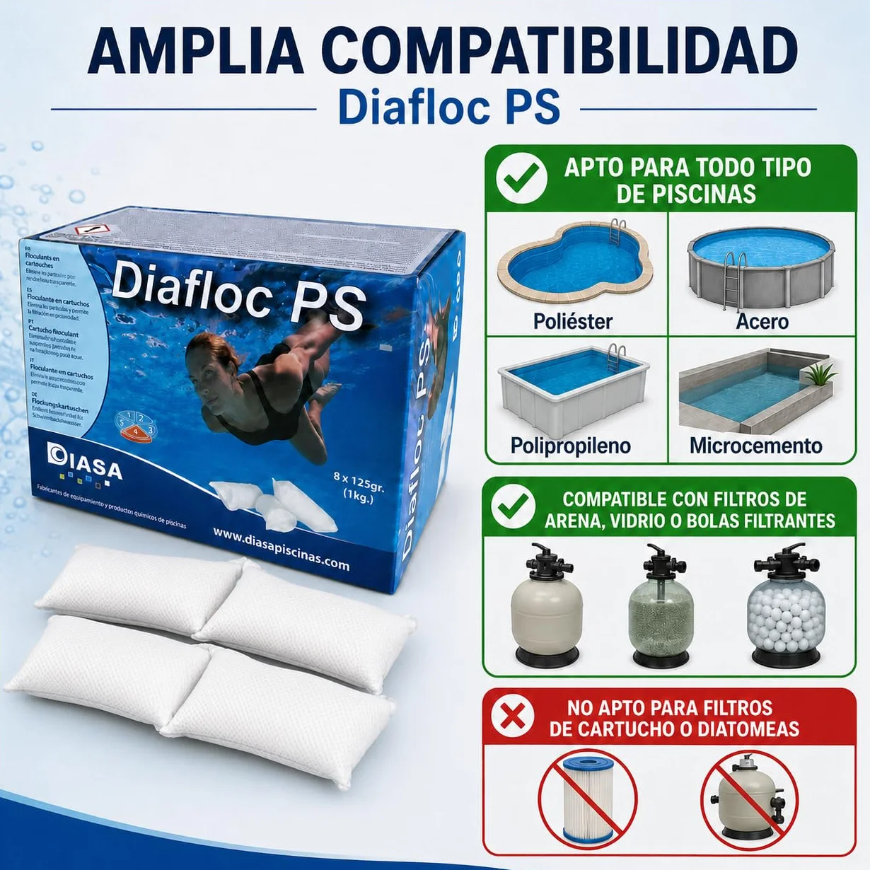 DIASA INDUSTRIAL DIAFLOC PS Floculante Clarificante para Piscinas 1 KG - 8 saquitos de 125 g