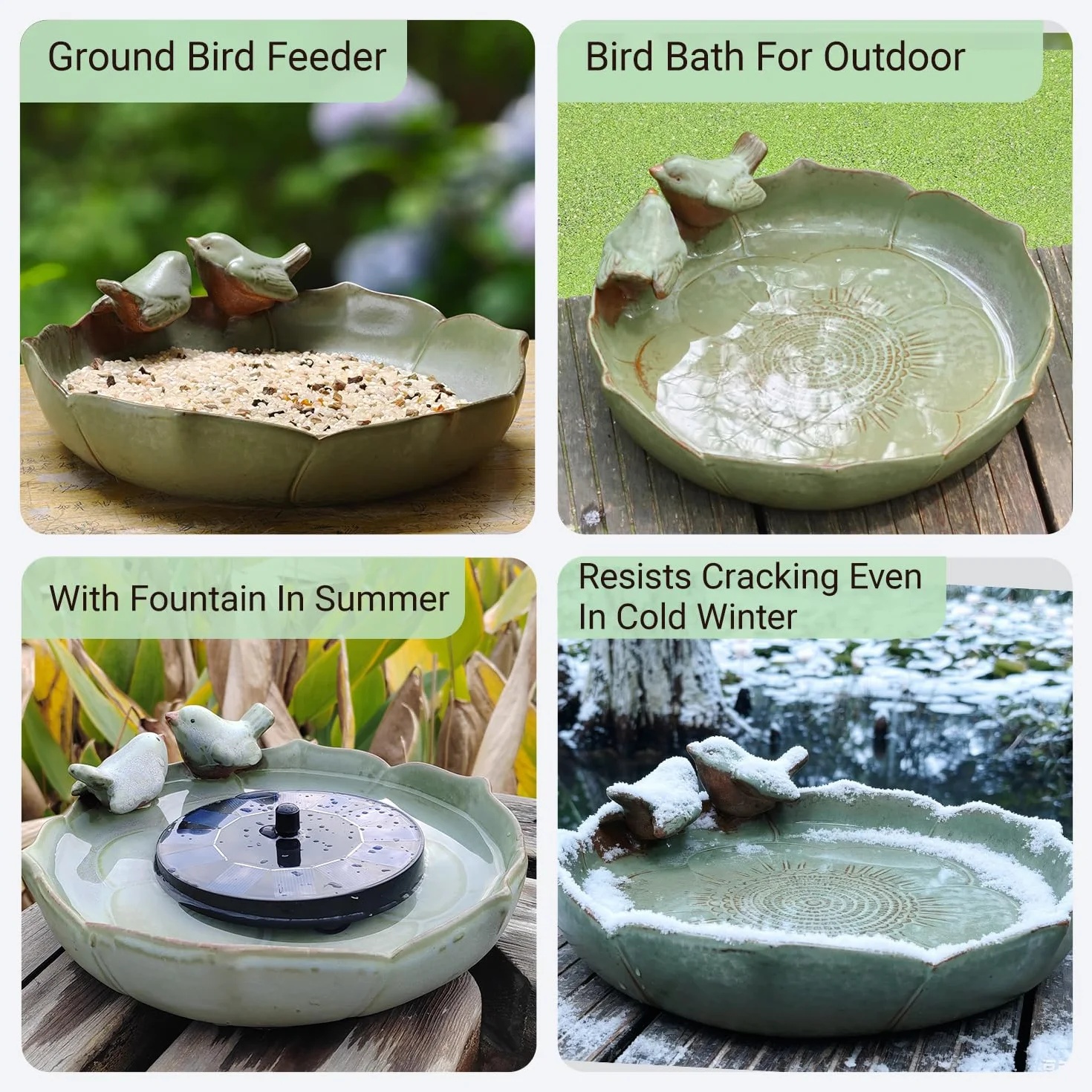Baño de cerámica para pájaros para exteriores en el suelo, cuenco de baño para pájaros de 9.45 pulgadas, comederos de pájaros y baño para pájaros para exteriores, jardín, mesa, cubierta