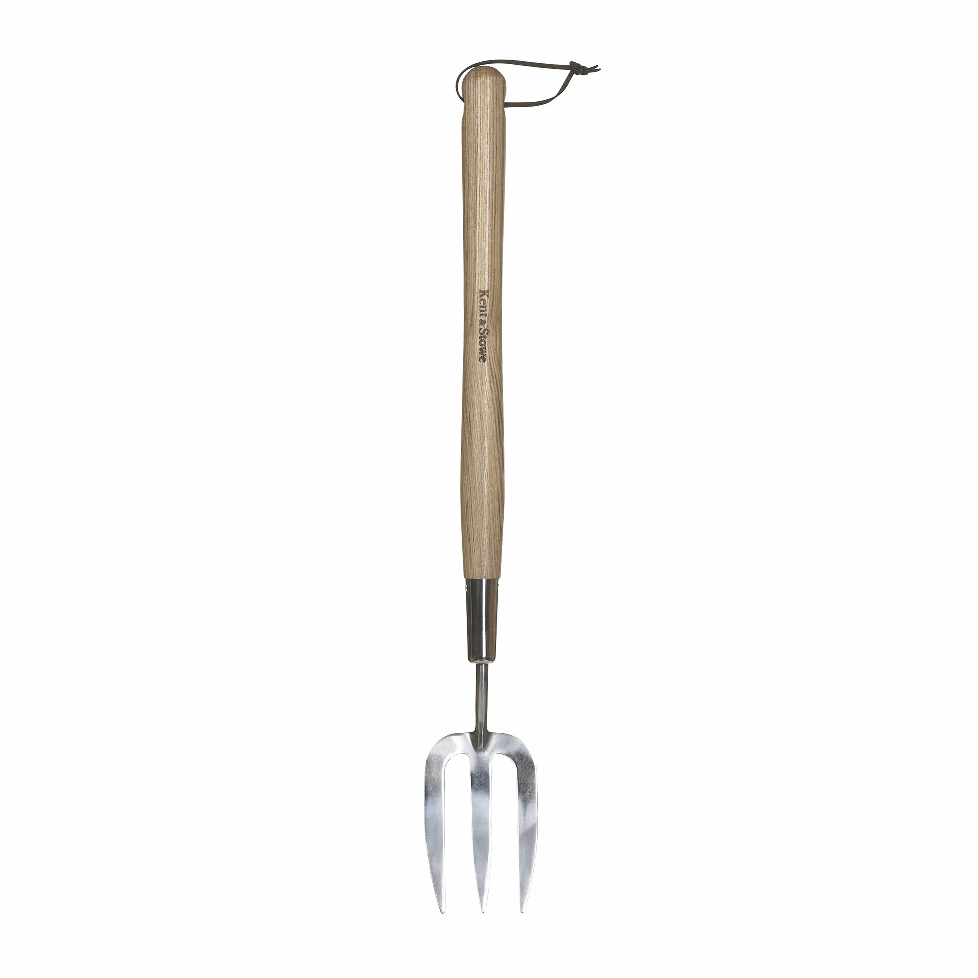 Kent & Stowe Horca Larga de Jardinería – Horquilla de Acero Inoxidable para Plantar, Mango Largo de Madera de Fresno, 58.5 cm
