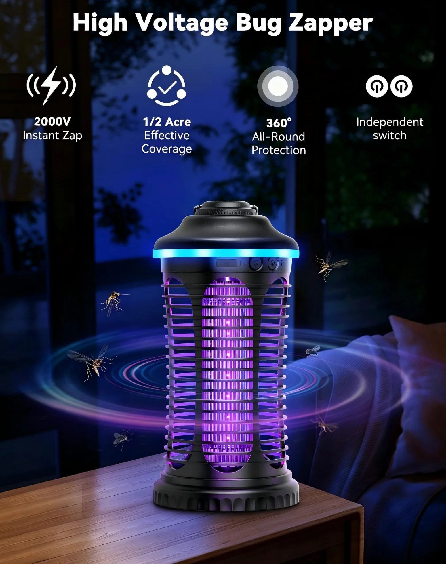 Lámpara Antimosquitos Eléctrica 4000 mAh Portátil USB Recargable Insect Killer 2000 V Trampa Luz LED Exterior Interior Hogar