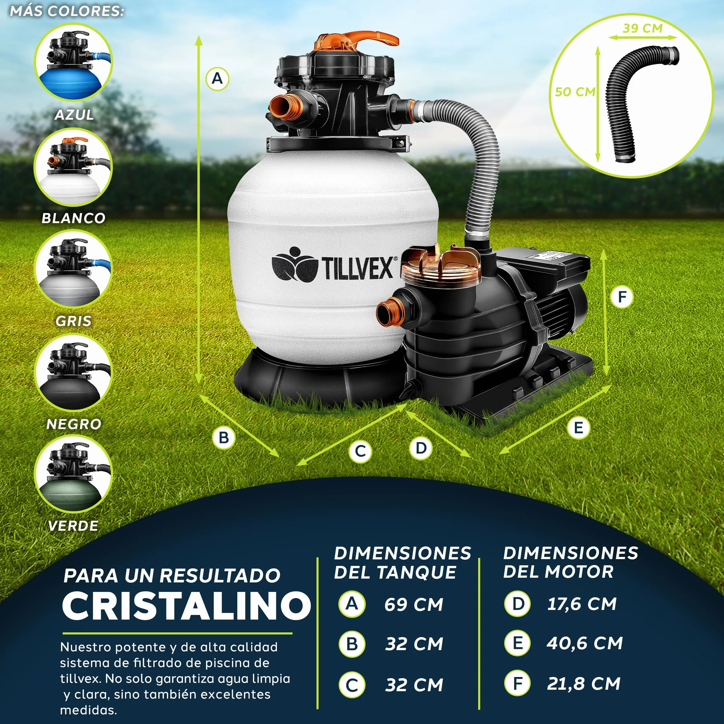 Tillvex Depuradora de Agua para Piscina 13.200L/h 40.000L Bomba de Filtro de Arena 7 Funciones Válvula