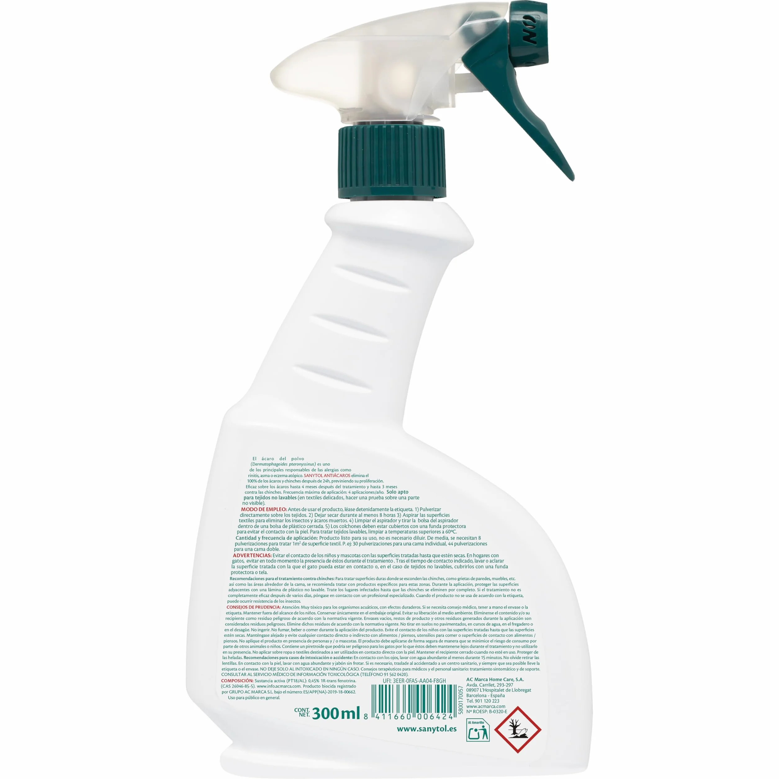 Sanytol Spray Antiácaros Mata Ácaros y Chinches 3 x 300 ml para Colchón Sofás Alfombras