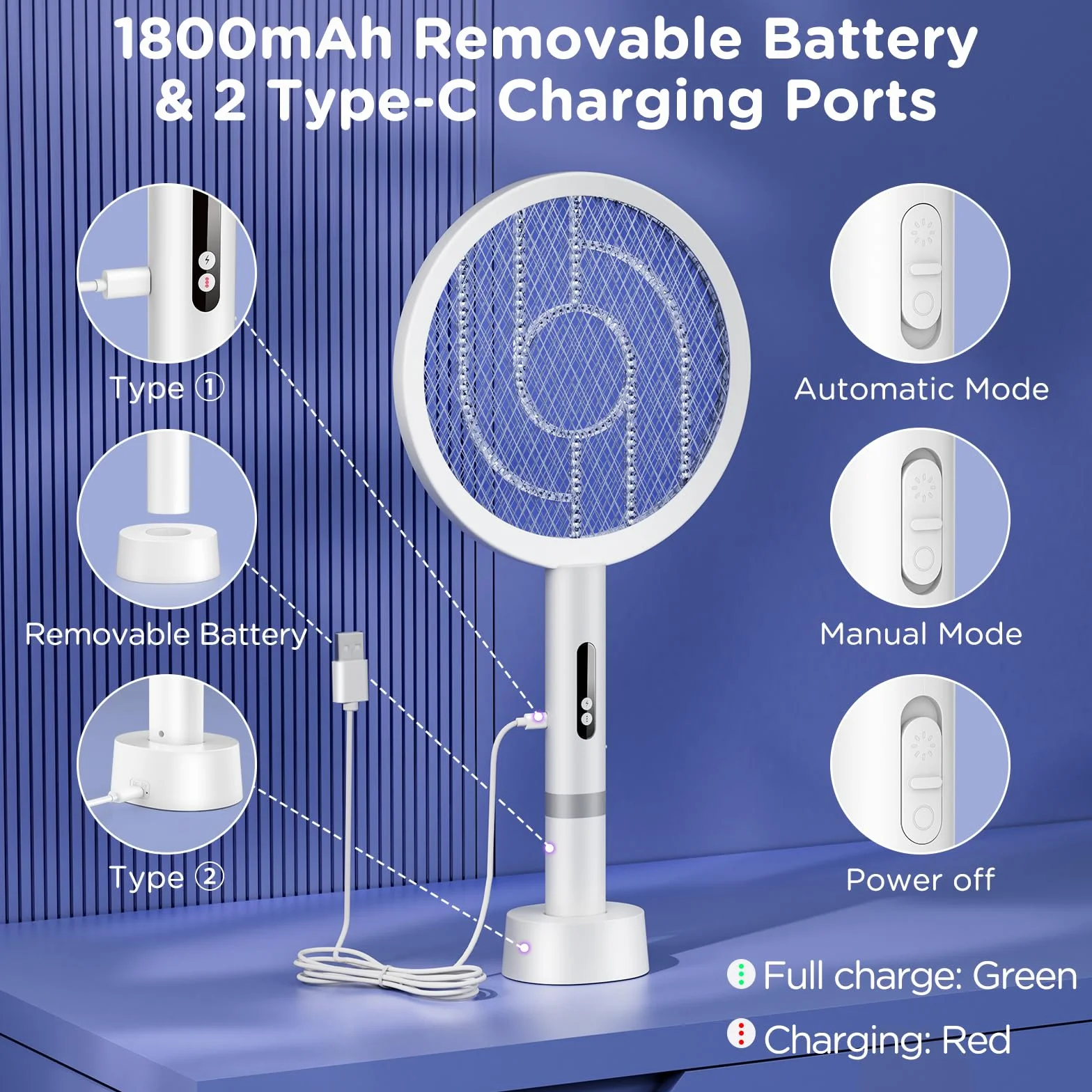 Raqueta Mosquitos Electrica 4000V, 1800mAh USB-C Recargable Matamoscas Fuerte con Lámpara UV, Malla 3 Capas, Blanco
