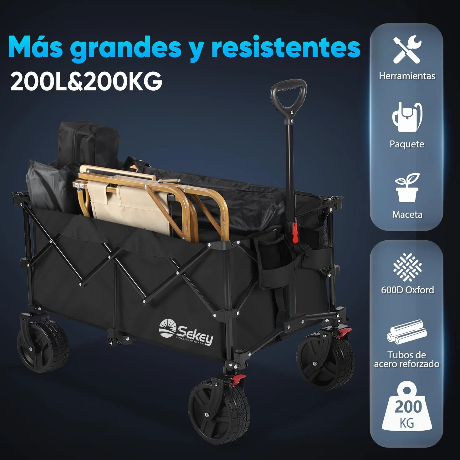 Sekey XXL Plus Carro Playa Ruedas Grandes con Frenos 200L 200KG, Carrito Plegable Todo Terreno SE4011, Negro Profundo