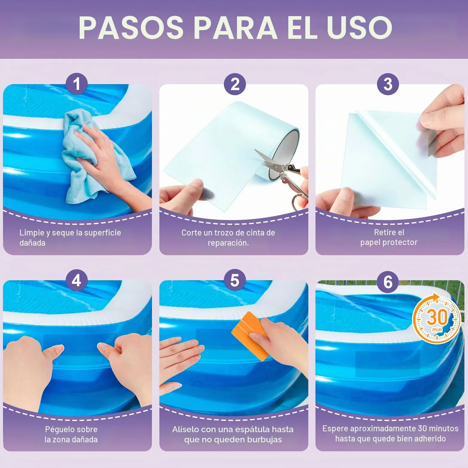 Kit de Parches para Piscina Impermeable 10 cm x 300 cm, Cinta Autoadhesiva Transparente para Reparar Pinchazos en Colchones Hinchables y Liner