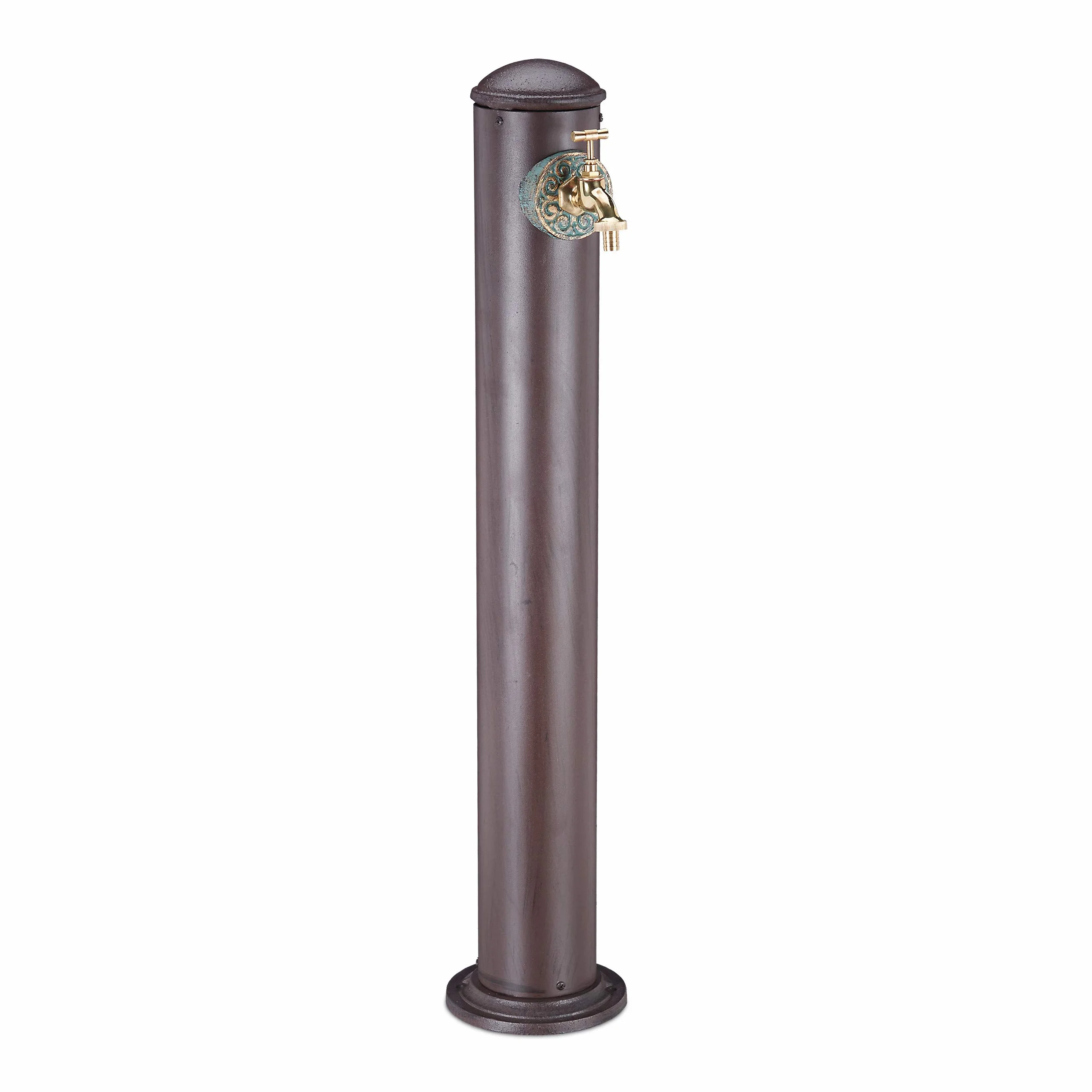Relaxdays Fuente Jardín de Pie, Diseño Antiguo, con Grifo, Toma 3/4, Columna Redonda, Aluminio, 1 Ud., 91 cm, Marrón