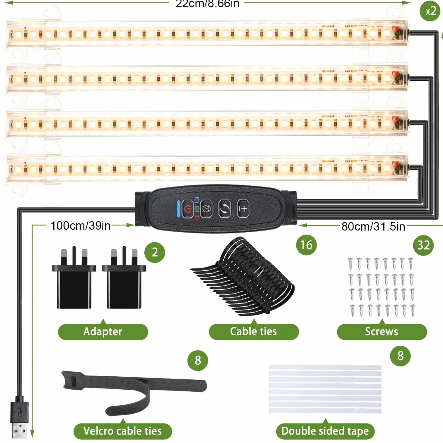 Tiras de luz LED de crecimiento de 8.6 pulgadas, espectro completo de 3500 K, luces de crecimiento para plantas de interior, 4 cabezales con temporizador de 3/9/12 horas, 10 niveles regulables