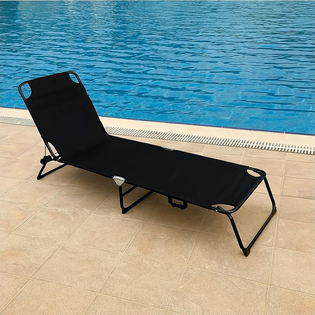 Acomoda Textil – Tumbona de Jardín Plegable y Reclinable en 3 Posiciones. Hamaca Cómoda y Resistente para Playa, Piscina, Jardín y Terraza Negro 188x55x24 cm.