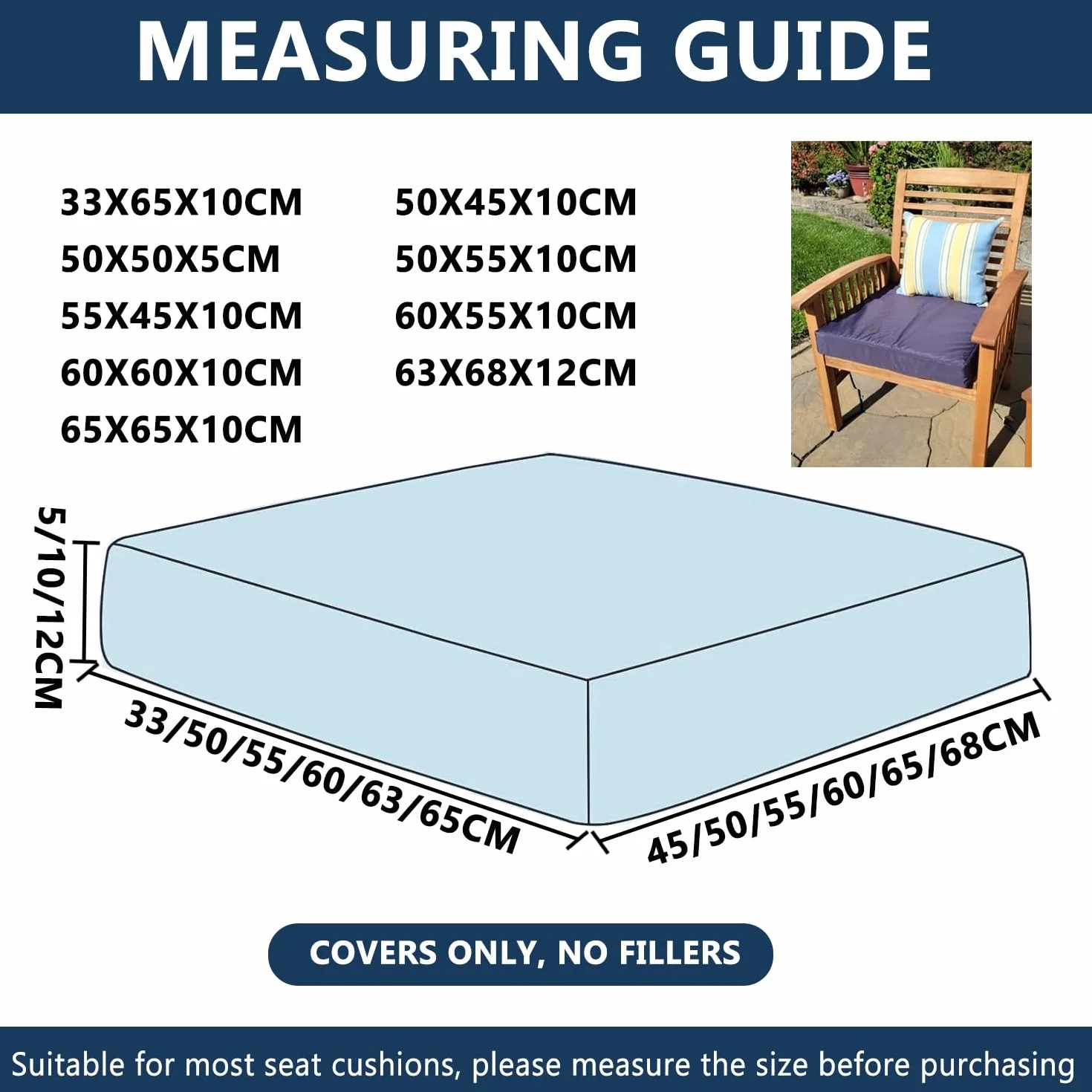 Waterproof Outdoor Sofa Seat Cushion Cover 50x50 60x60 150x45 Patio Cushions Cover for Garden Rattan Furniture