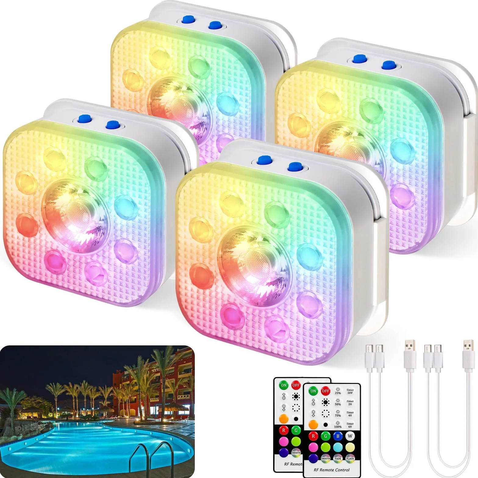 Pack de 4 Luces Piscina Sumergibles LED Recargable IP68 16 Modos Color Control Remoto Imanes