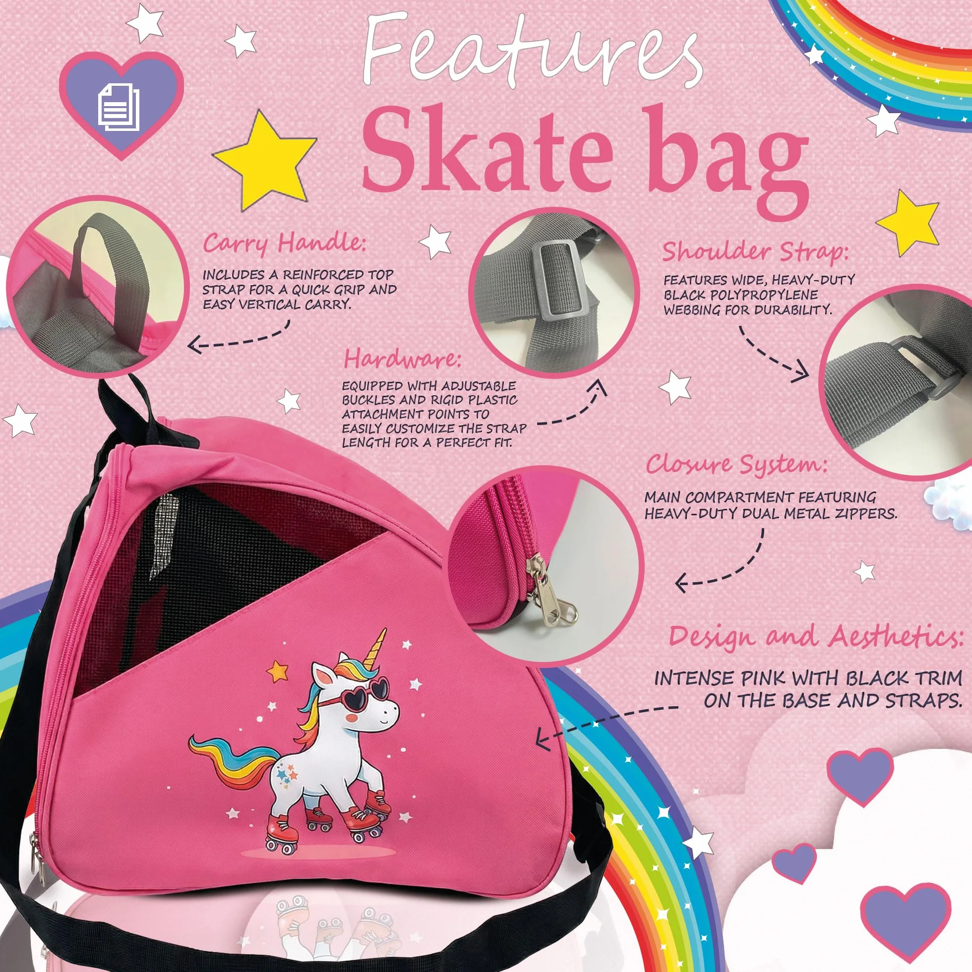 Bolsa para Patines DOJA Barcelona Rosa Unicornio Correa Ajustable Acolchada Mochila Patines Material Resistente
