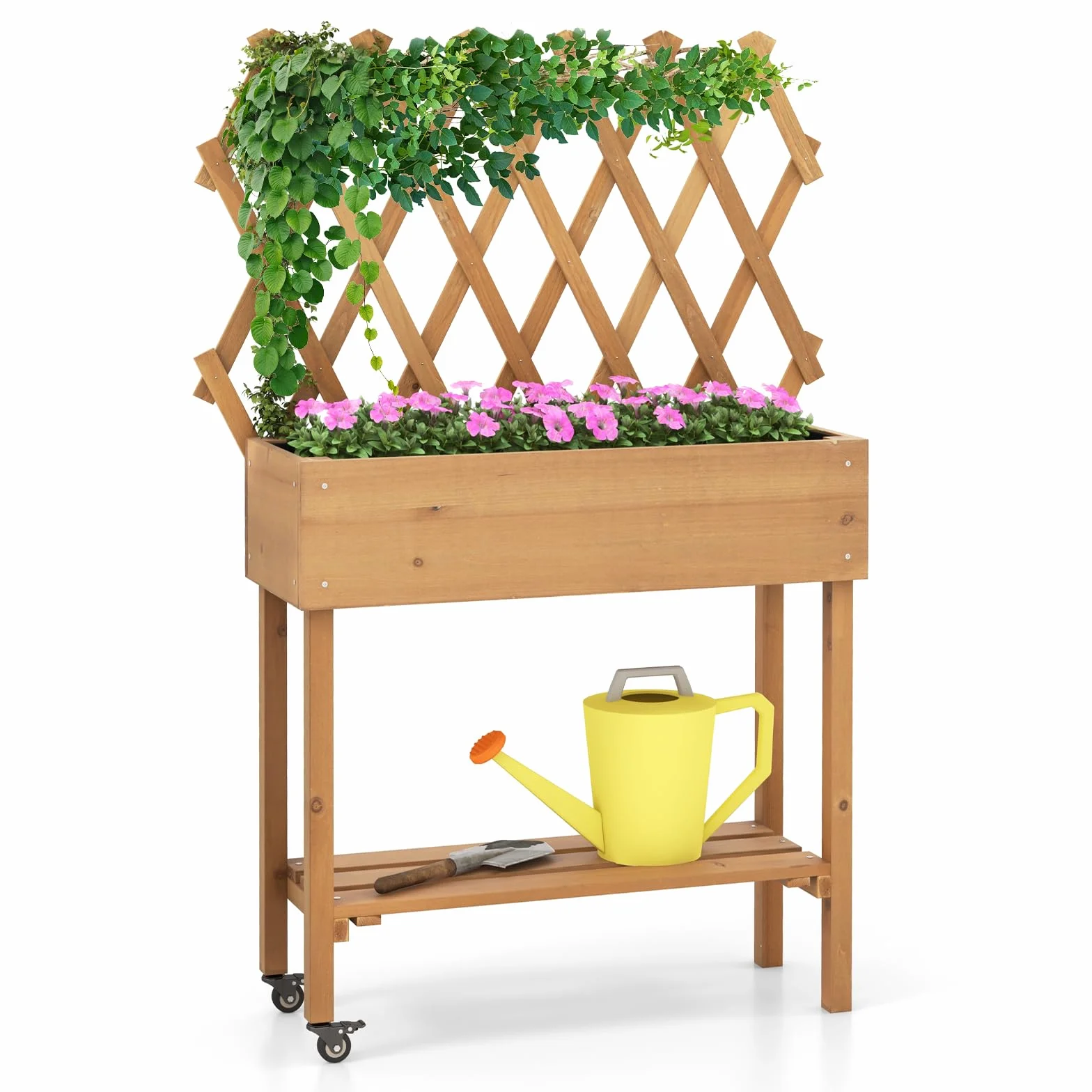 COSTWAY Huerto Urbano Elevado de Madera con Enrejado, Cama de Jardín Elevado Móvil con Ruedas Bloqueables, Forro de Tela, Jardinera de Plantas para Interiores y Exteriores, 90 x 29 x 129 cm