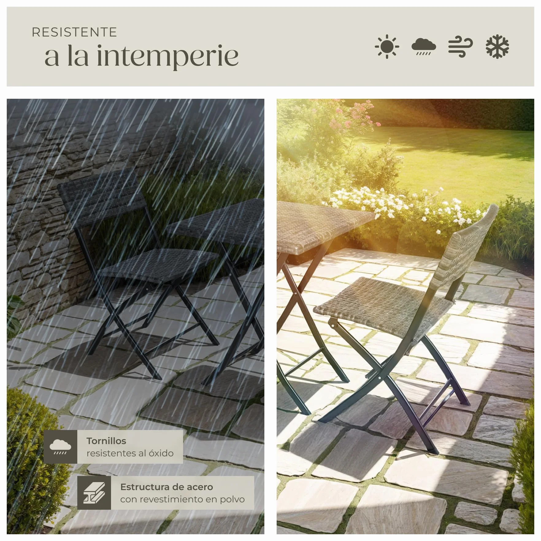 tectake Conjunto Jardín Exterior de Ratán y Acero para 2 Personas, Muebles Resistentes a Intemperie, Plegable, Gris