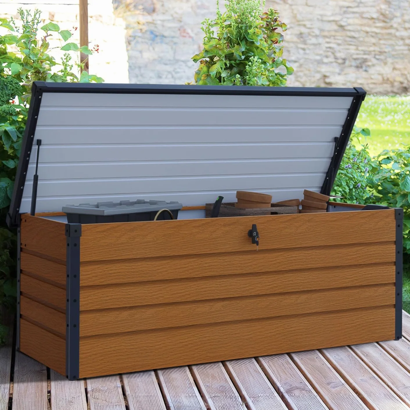 Baúl de almacenamiento de metal con cerradura 600 L 165 x 70 x 63 cm para jardín