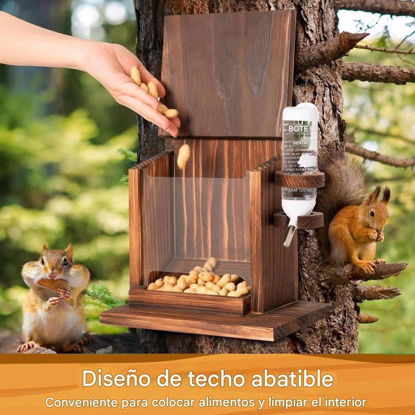 Casas para Ardillas de Exterior, Estación de Alimentación con Bebedero de Madera para Pared con Soporte para Mazorcas de Maíz y Nueces