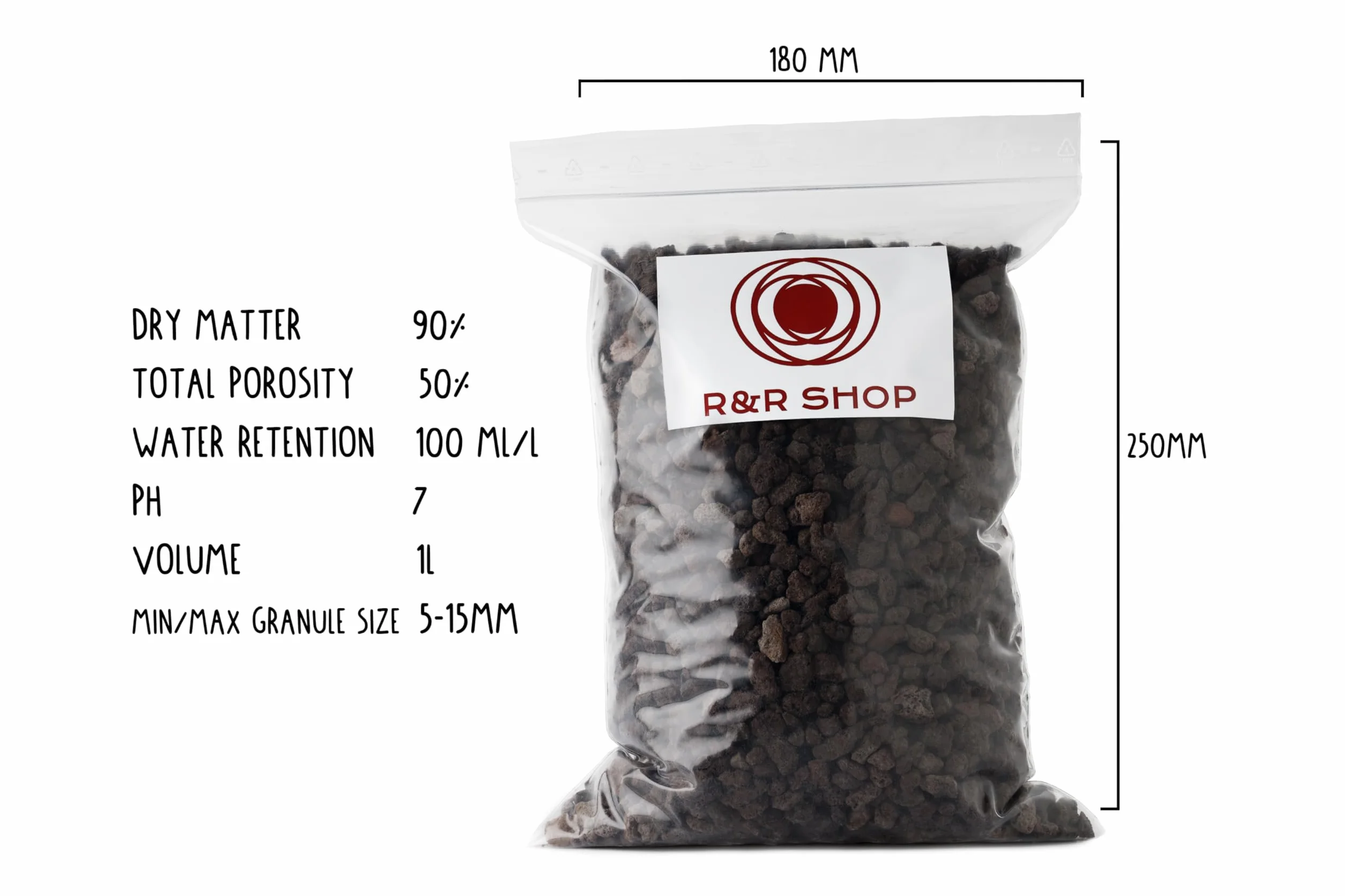 R&R SHOP – Lapillo Volcanico Medio, 100% Natural PH Neutro, Ideal para Germinación, Ventilación Mejorando el Crecimiento de Las Plantas, 10-15 mm (1L)