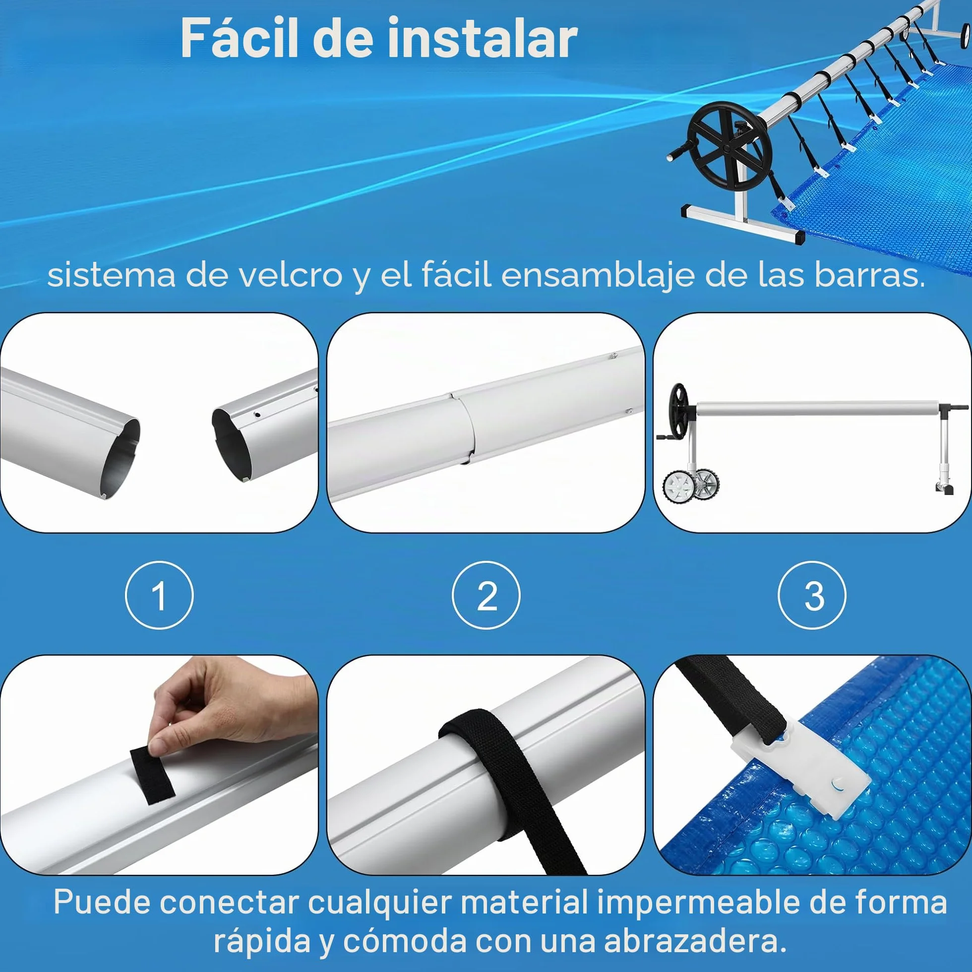 Enrollador para piscina NAIZY Sistema de enrollado 3m-5,7m con cubierta de lámina Móvil, ruedas y clips CR16