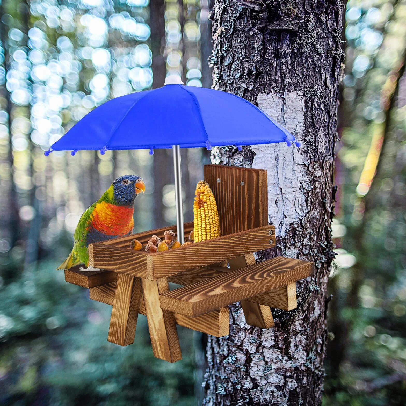Comedero para ardillas mesa de picnic de madera con sombrilla y estante para maíz jardín patio