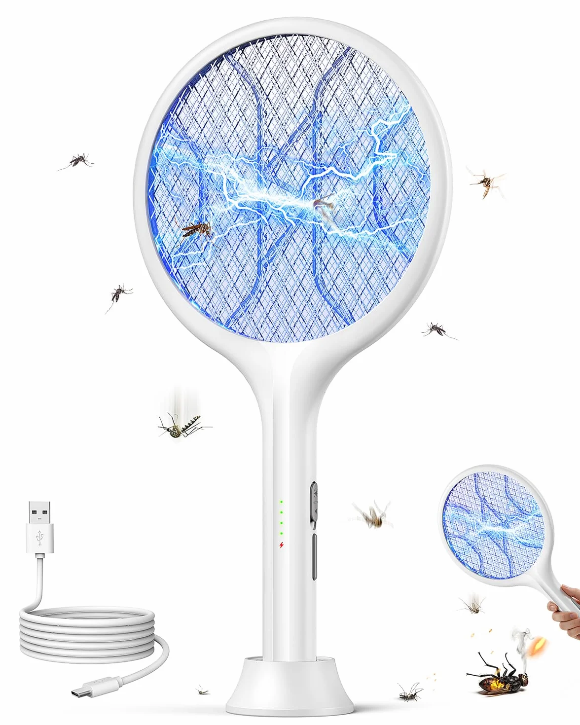 VIWAVE Raqueta Mosquitos Electrica 4000V, Matamoscas Electrico Recargable USB-C 1800mAh con Luz UV, 2 en 1, Blanco