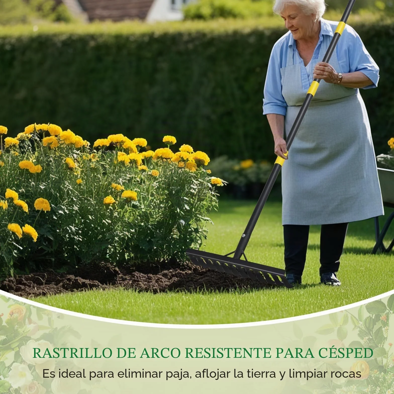 Rastrillo de jardín de metal 189 cm 12 dientes mango largo negro