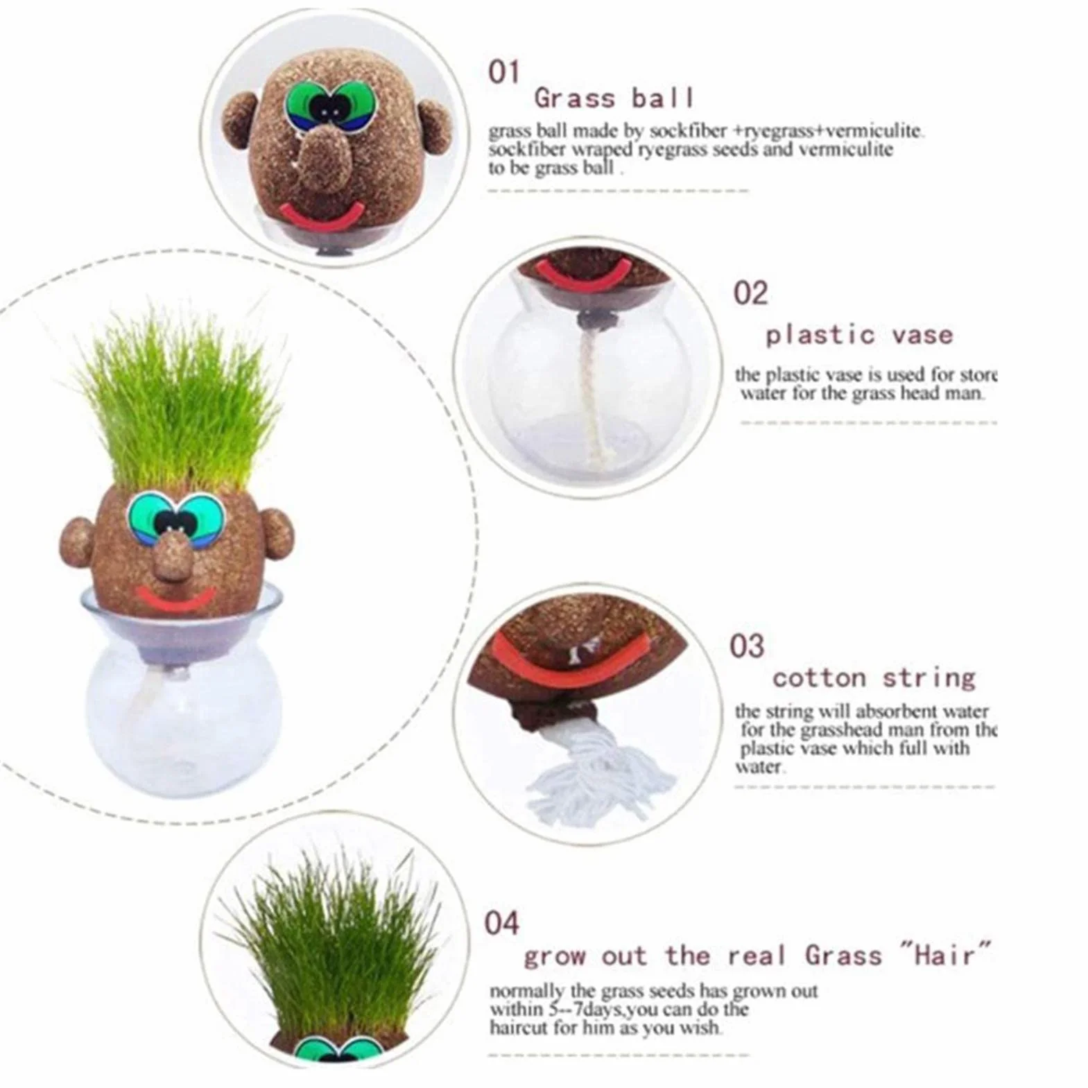 Grass Head Doll Muñeco con Cabeza De Hierba Maceta Verde Escritorio Decoración Hogar Jardín