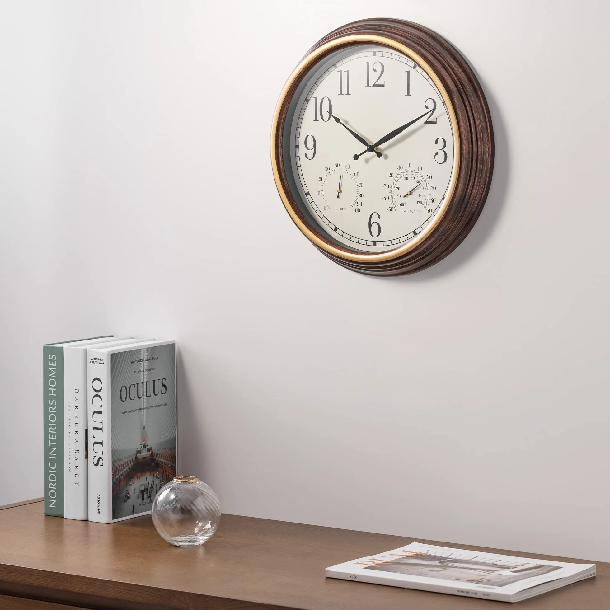 Navaris Reloj de Pared Vintage Redondo 38,1 cm Impermeable Exteriores Silencioso Termómetro Humedad Marrón