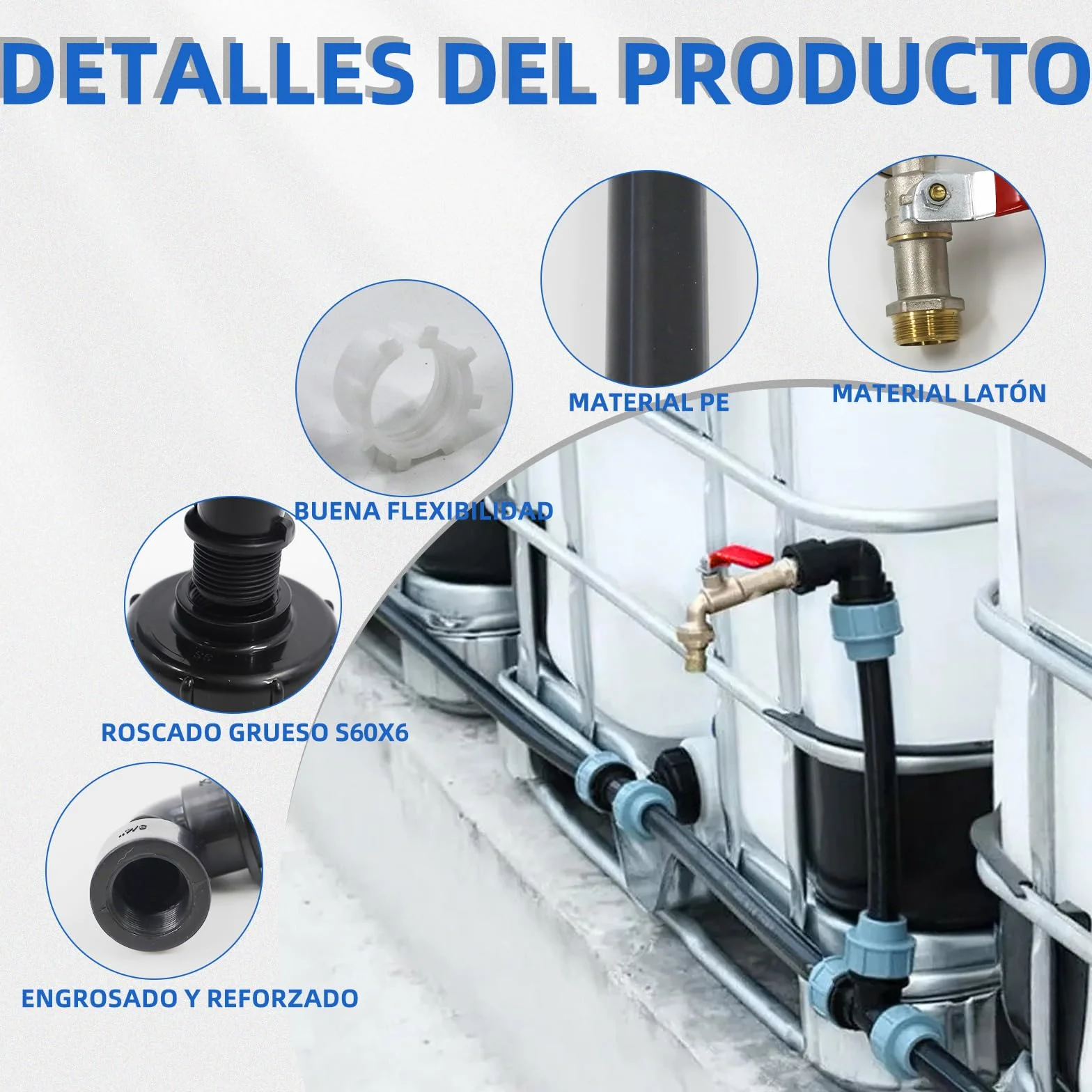 Kit de conexión para 3 depósitos IBC, grifo 3/4", conexión de manguera, riego de jardín