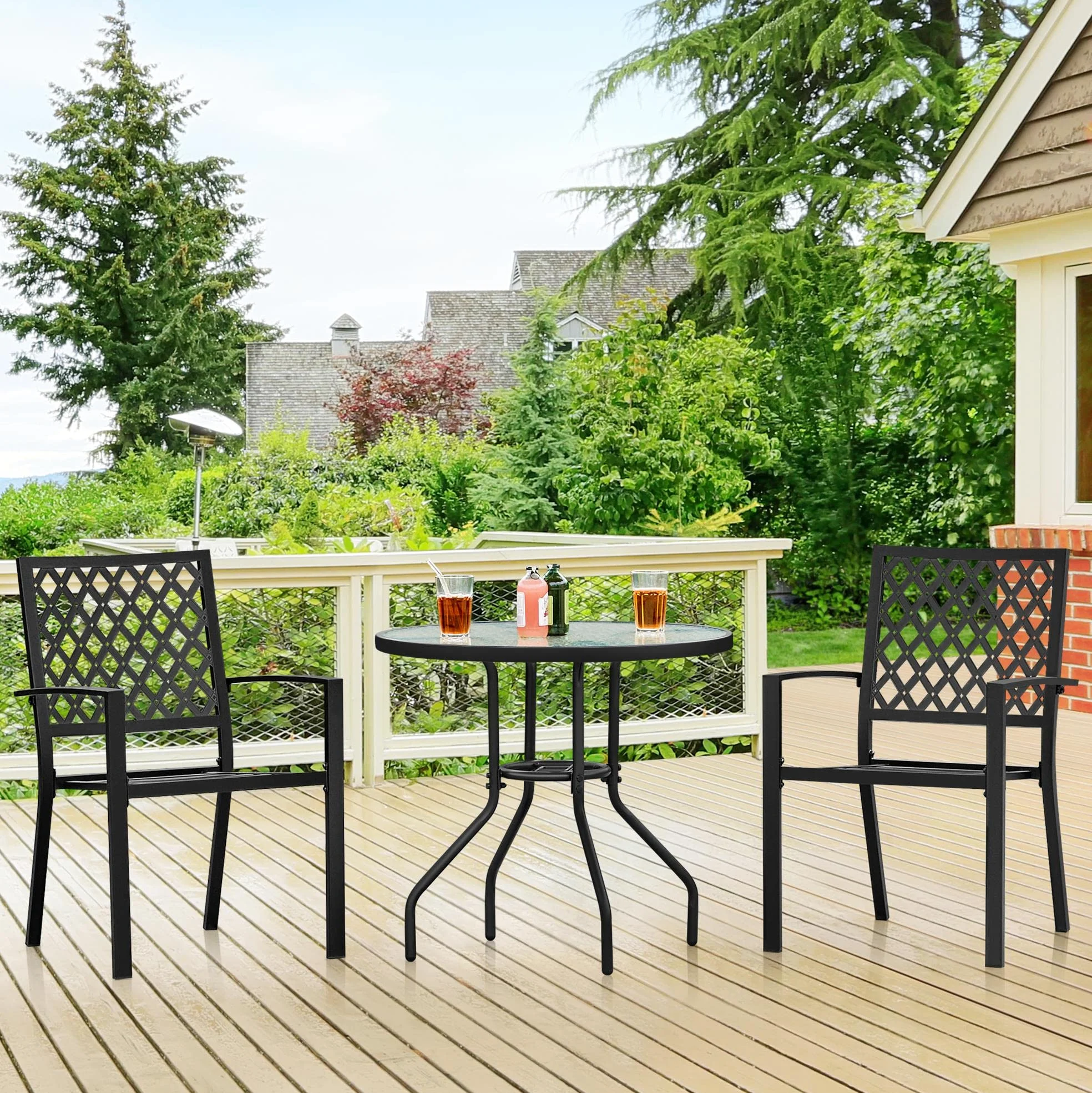 Yaheetech Mesa de Jardín 70cm de Diámetro Redonda de Vidrio Alto 73cm Negro | Vidrio Templado, con Orificio, Marco Duradero, Soporte Estable, Capacidad 45 kg, para Terraza/Jardín/Cafetería/Restaurante