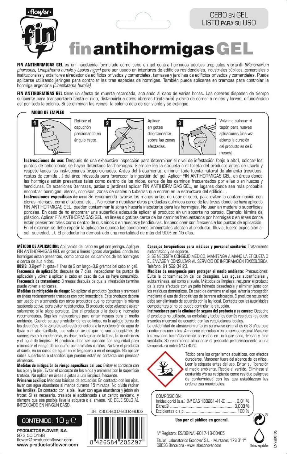 Insecticida Antihormigas en Jeringa 10 gr, Elimina Hormigueros, Cebo Gel