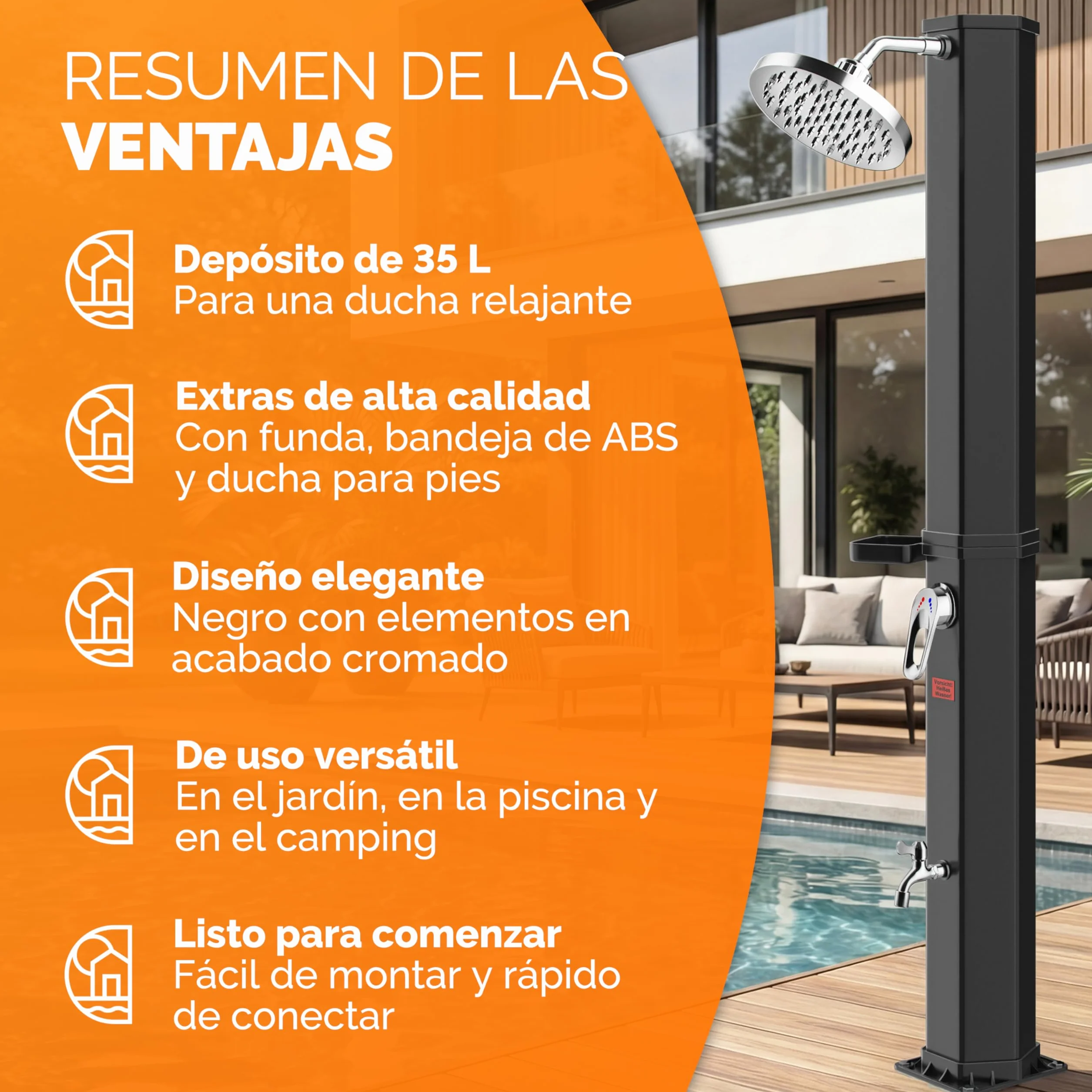 Ducha Solar Exterior 35 litros CASARIA Agua Caliente 60 °C Cabezal Lluvia Cubierta UV
