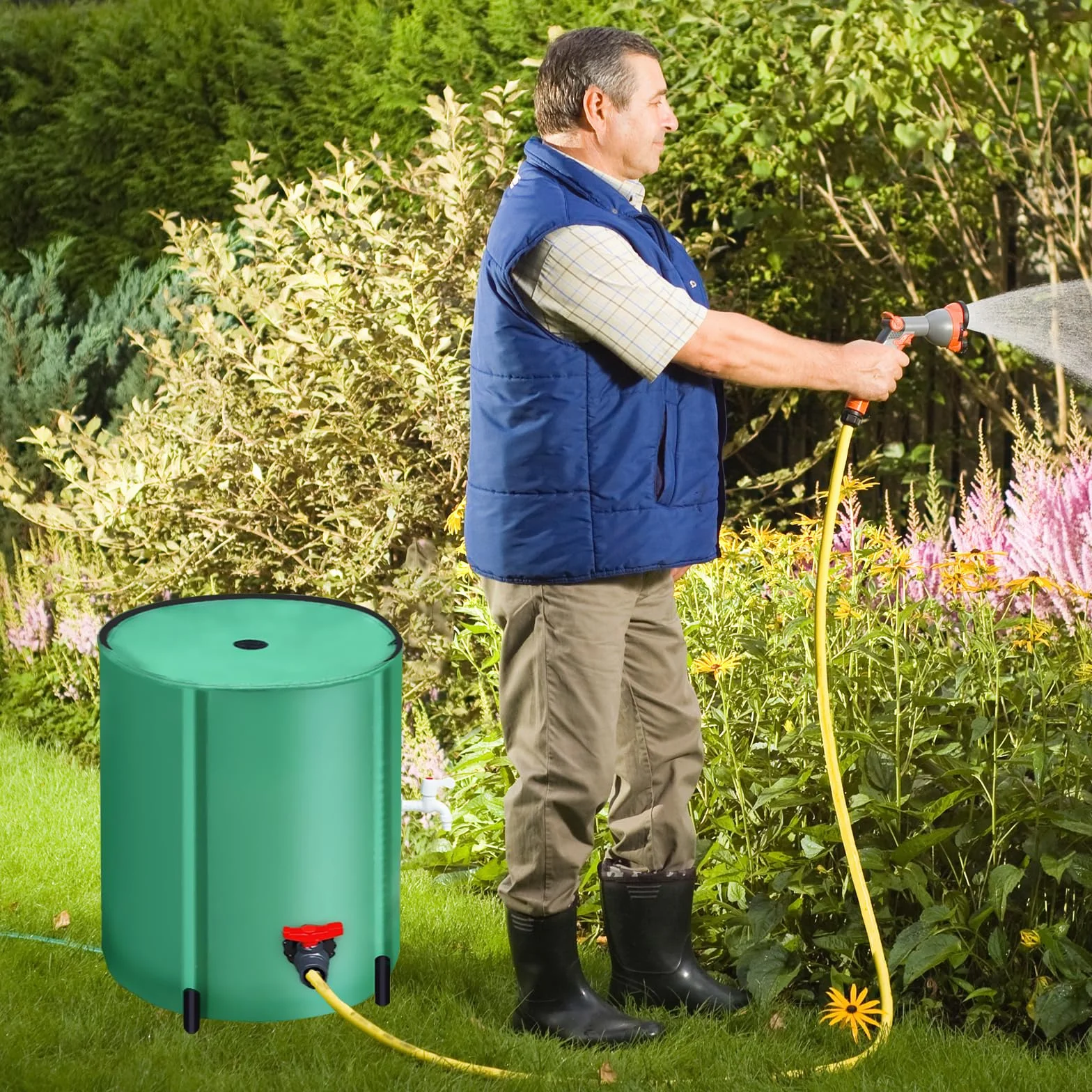 Barril de Lluvia Plegable 200L Verde con Tapa, Filtro y Grifos para Jardín