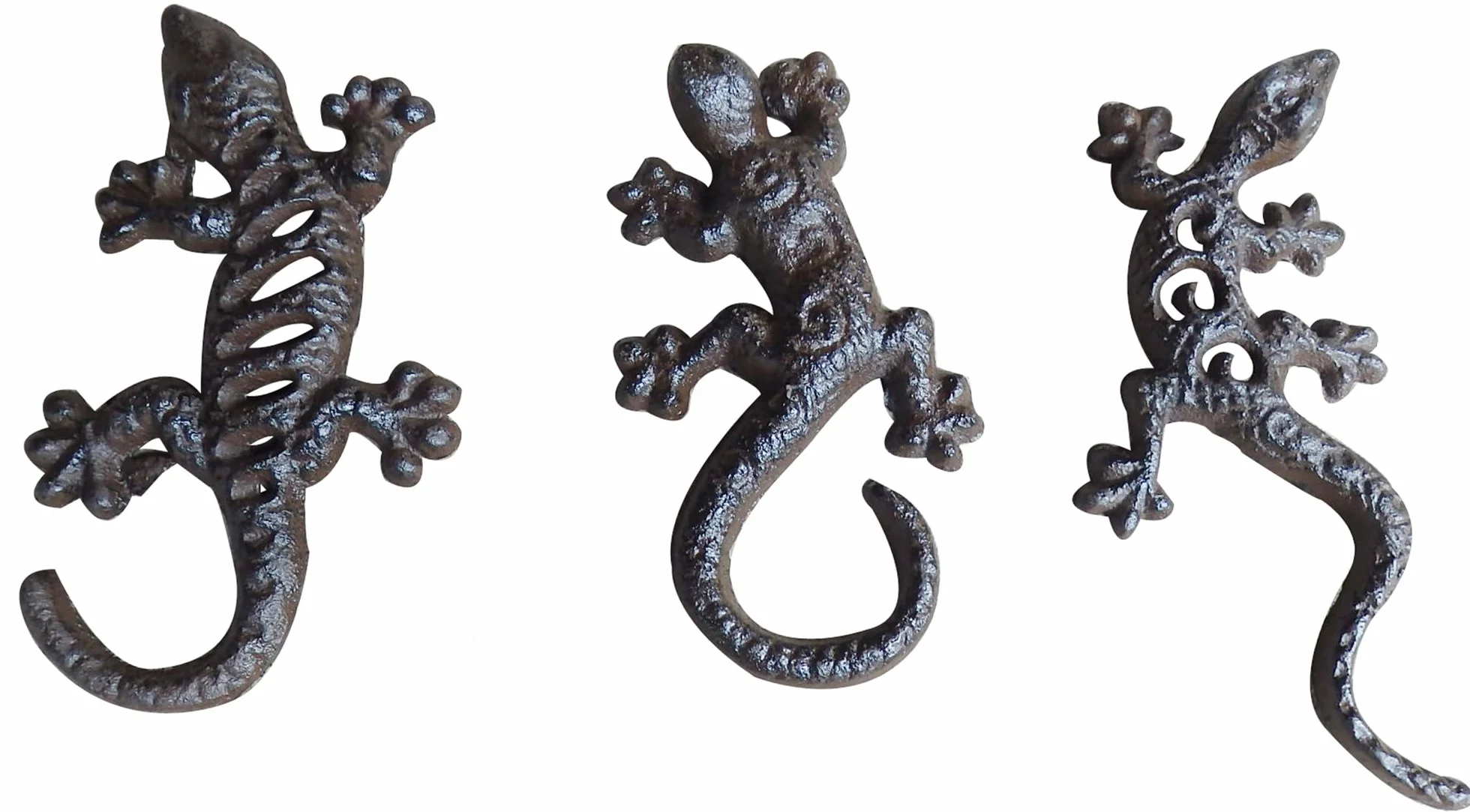 Conjunto de Tres Lagartijas Ornamentales Jardín de Hierro Fundido Envejecido 6x12 cm