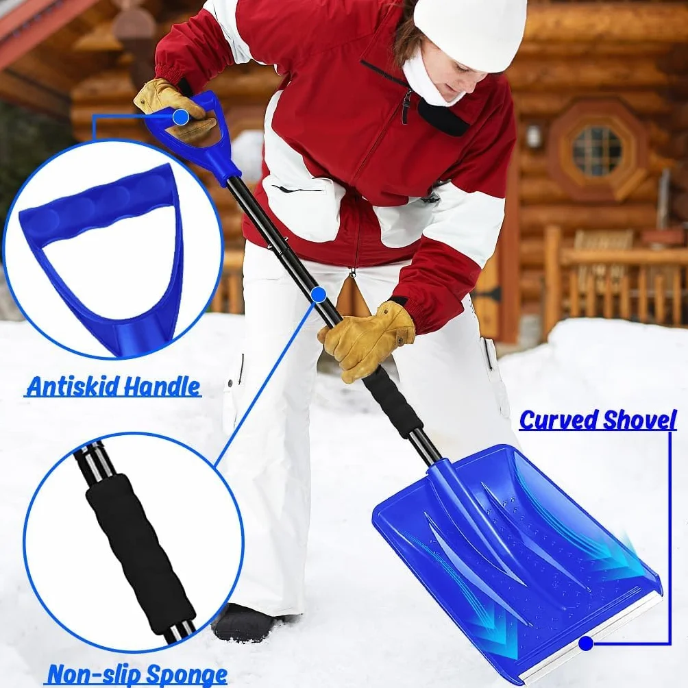 Pala Nieve, Carretilla Elevadora de Nieve de 108 cm, Diseño Desmontable de 4 Piezas, Pala de Nieve Ajustable Portátil Ligera, Gran Capacidad, Conducción de Automóviles (Azul)