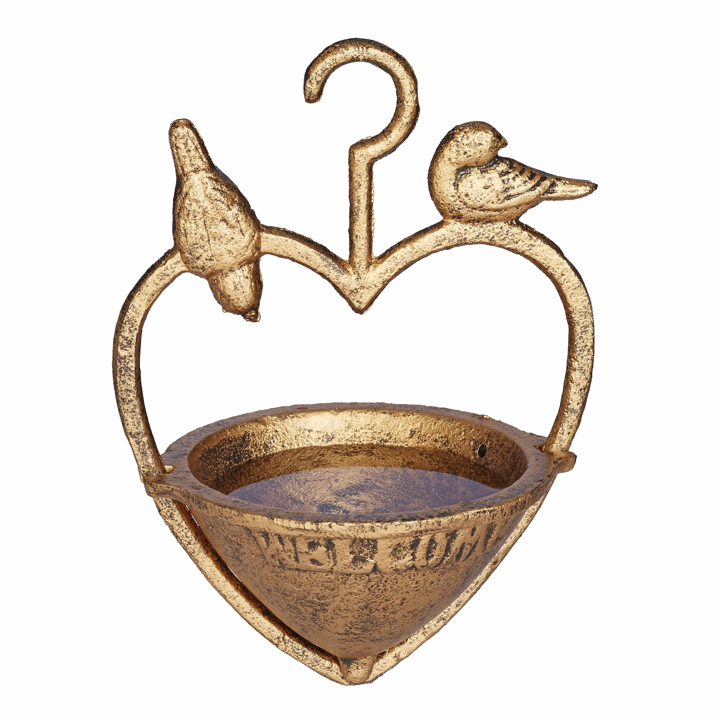 Relaxdays Bebedero Colgante Pájaros, Comedero Aves Silvestres, Hierro Fundido, Dorado, 21 x 15,5 x 12,5 cm