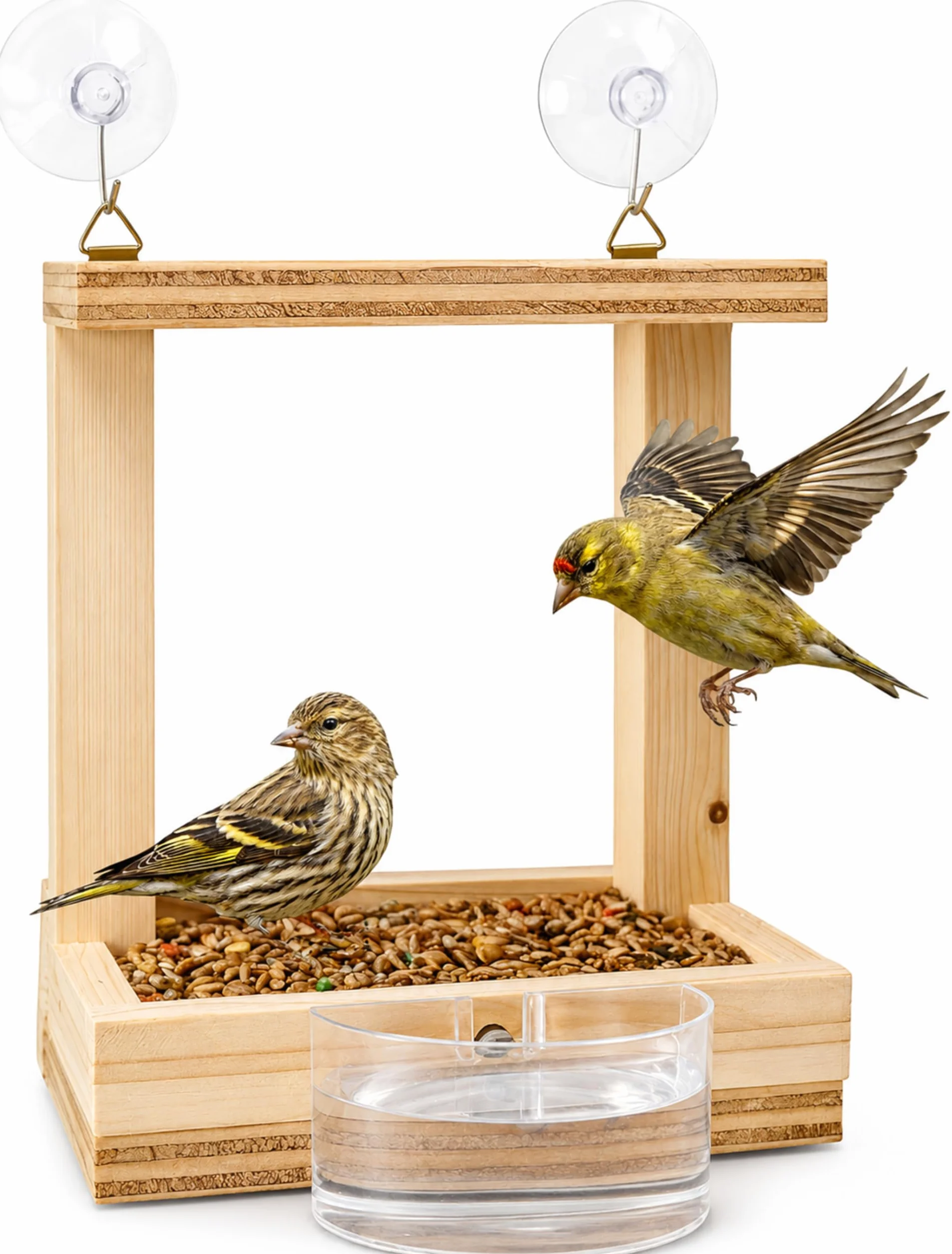 Comedero Pájaros Exterior Ventana Madera Casita con Soporte Ventosas Incluye Bebedero Bolsa 70g Alpiste Aves Silvestres