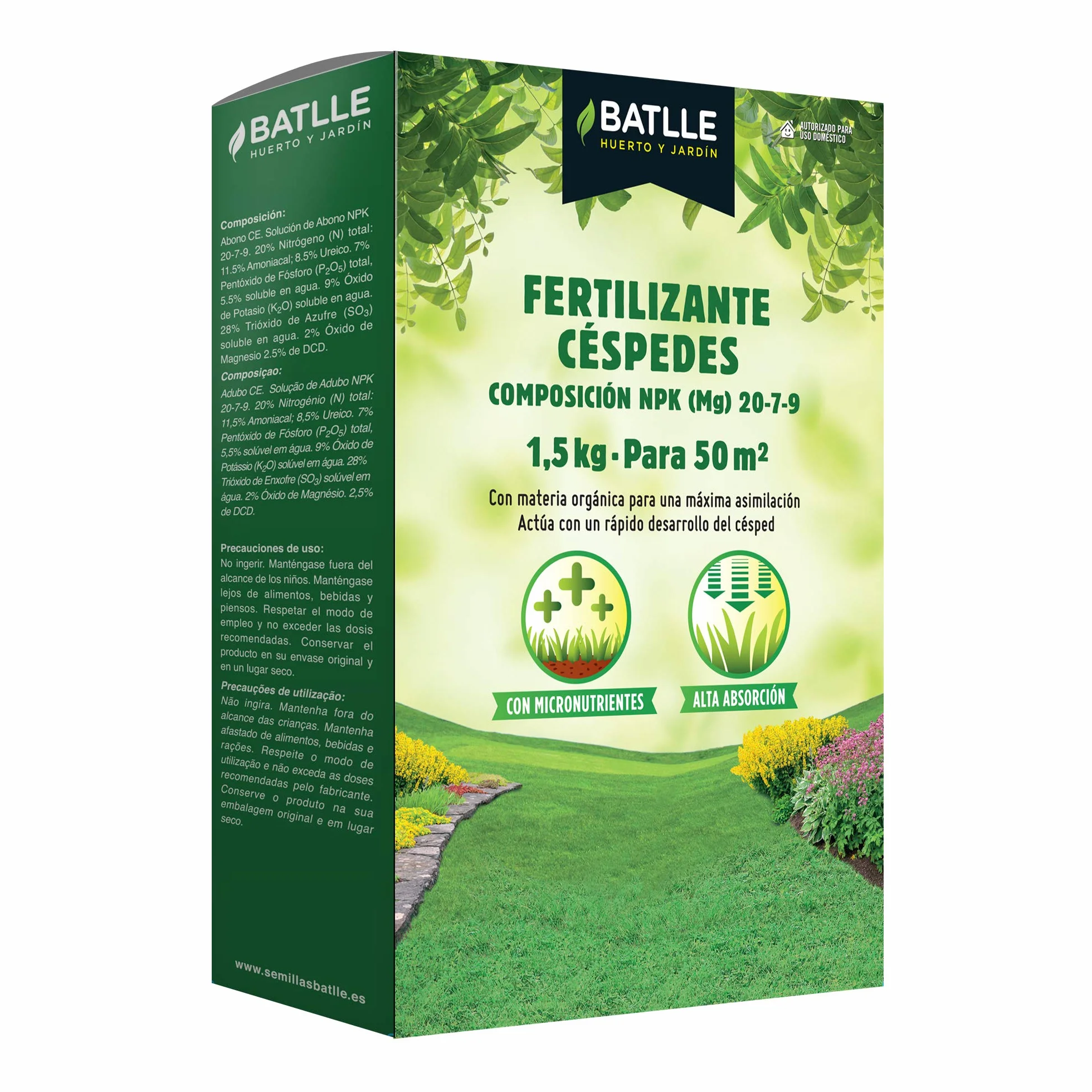 Batlle Fertilizante Césped 1,5 kg Abono Órgano-Mineral NPK 20-5-10 Acción Rápida Verde Intenso