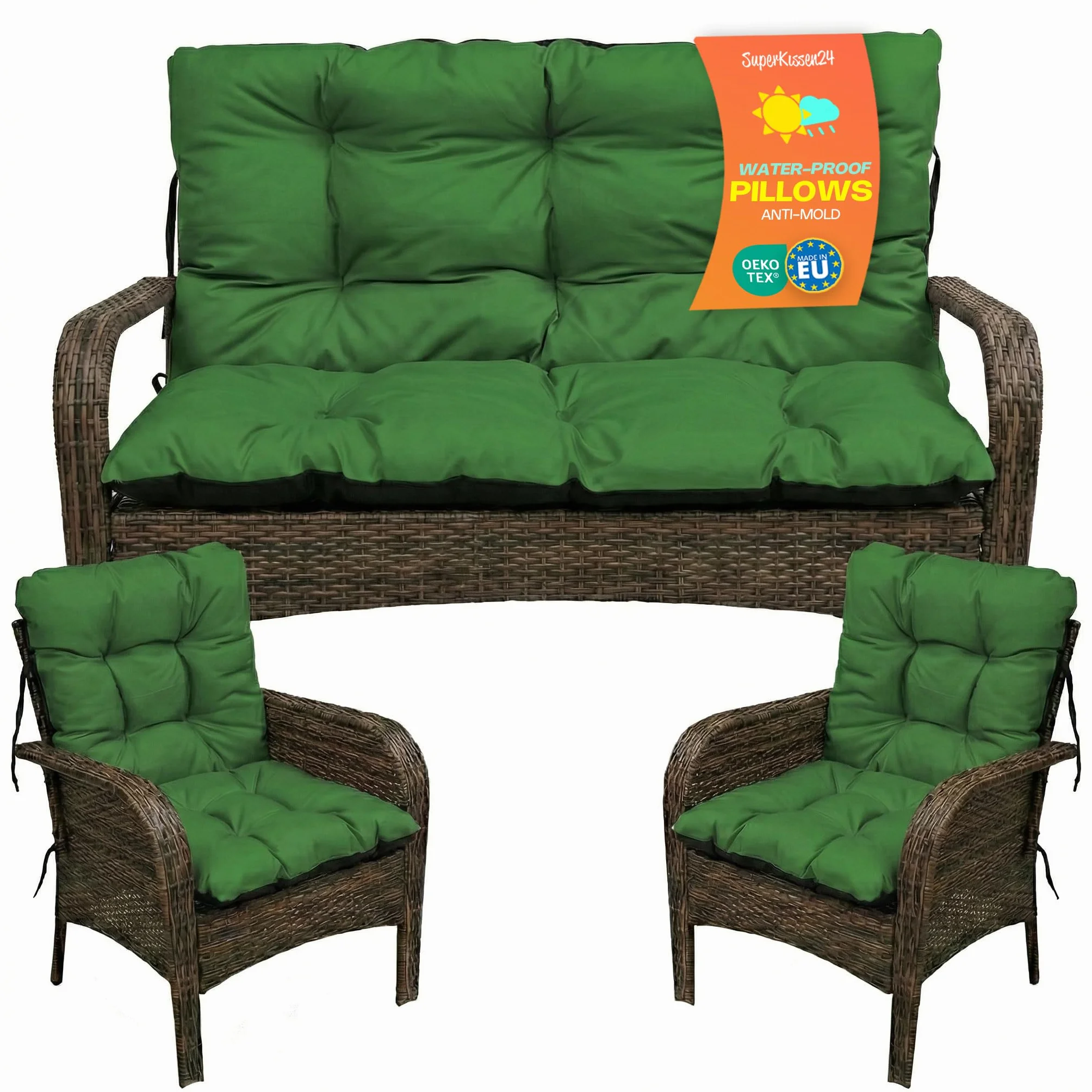 Cojín para Banco Exterior 100x50x60 + 2x 48x96 cm Impermeable Verde