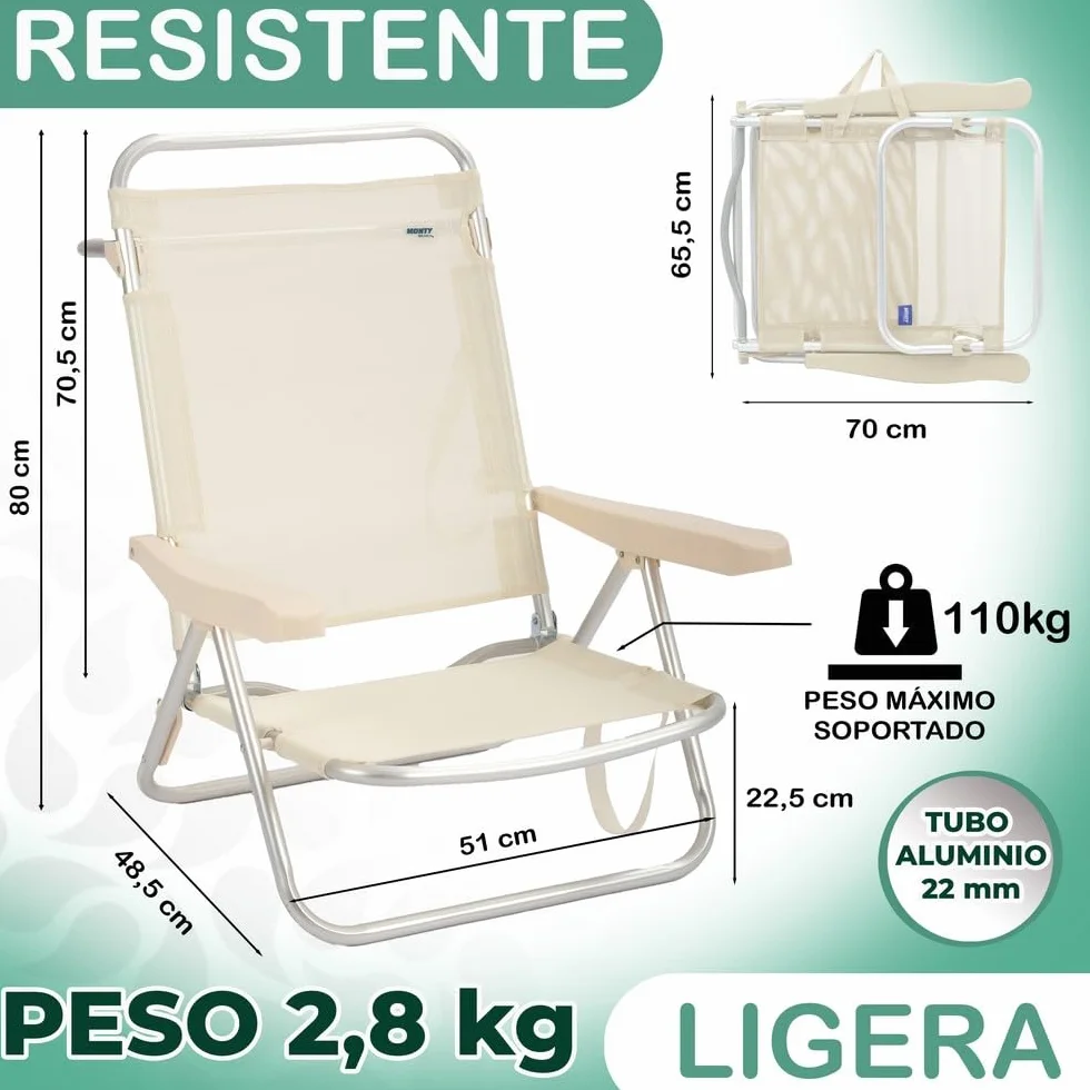 LOLAhome Sillas Playa Plegables Beige Aluminio 4 Posiciones Respaldo Textileno Transpirable