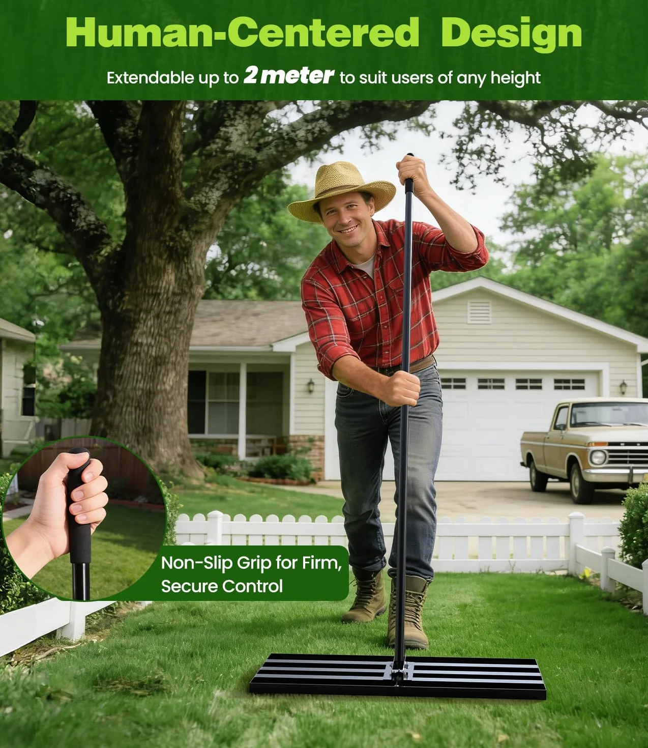 Professional Lawn Leveling Rake with Adjustable Handle, 204x76x25cm Heavy Duty Metal Ground Leveler for Garden