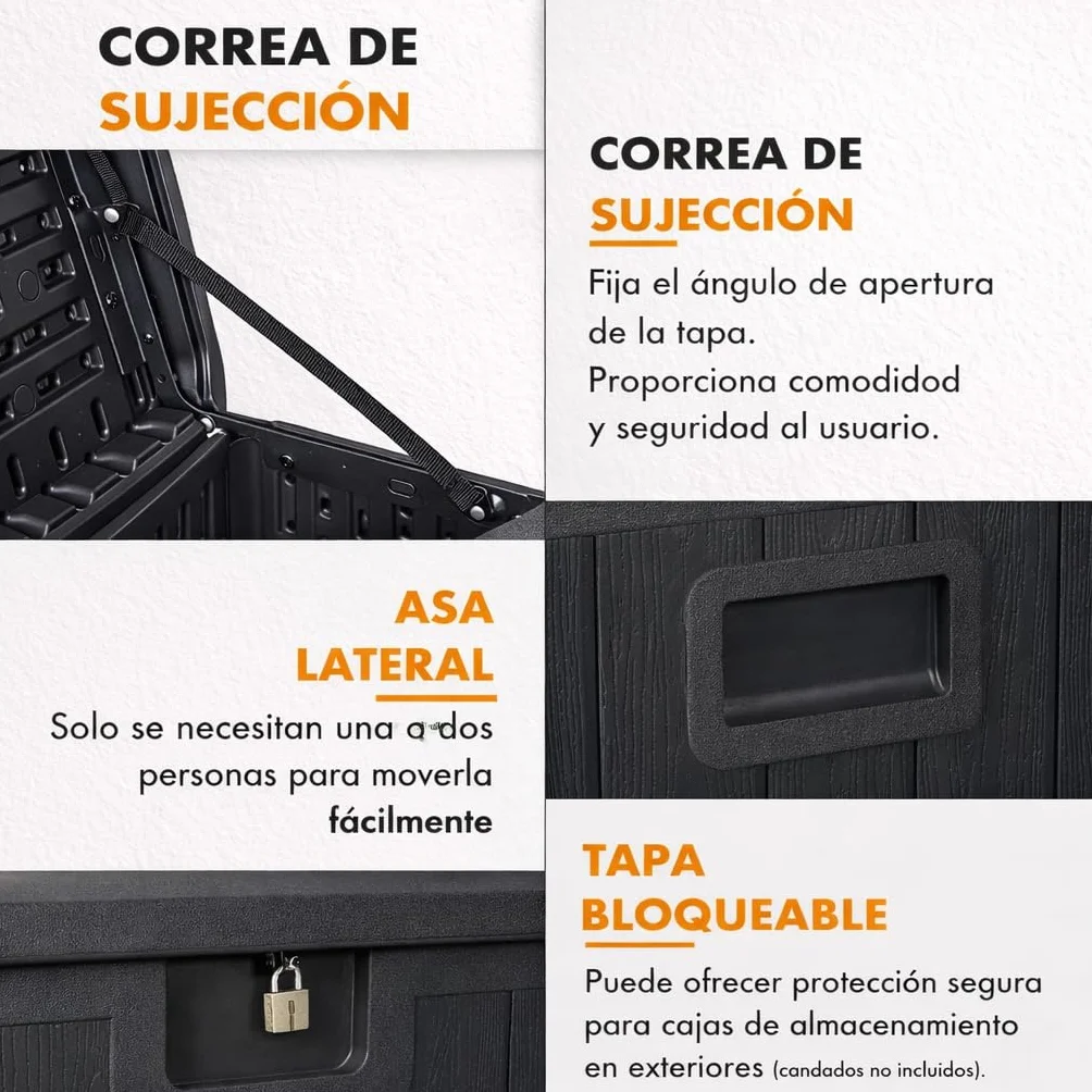 Baúl exterior almacenaje resina impermeable multiusos 410L | Arcón jardín resistente intemperie | Cofre organizador tapa asas