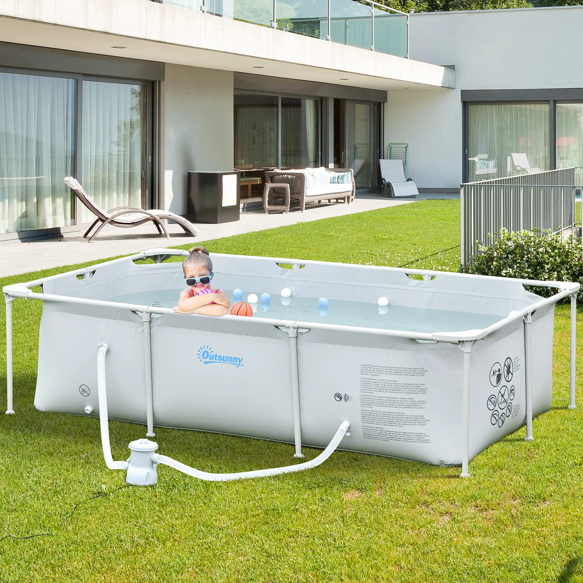 Outsunny Piscina Desmontable Tubular 252x152x65 cm 2163L con Depuradora 1200L/H Rectangular Exterior Gris