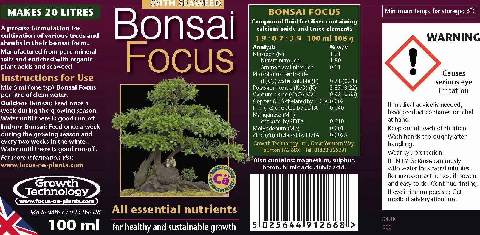 Growth Technology Bonsai Focus Concentrado Fertilizante Líquido 100 ml
