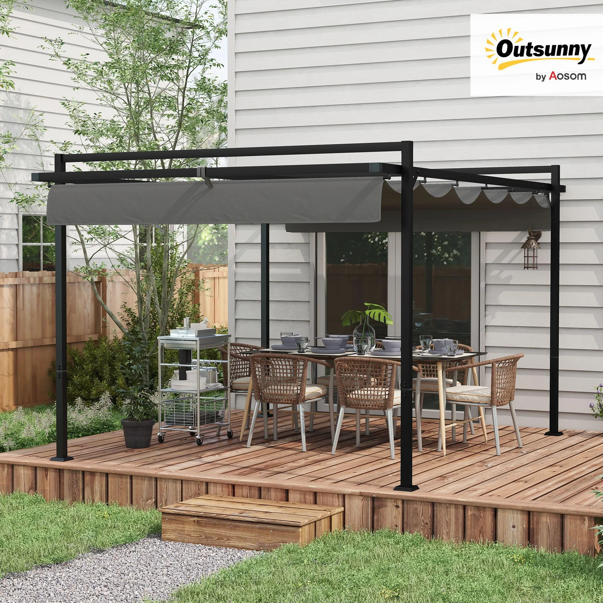 Outsunny Pérgola 3x4 m Gazebo Cenador de Jardín con Techo Retráctil de Poliéster y 12 Orificios de Drenaje Pérgola para Patio Terraza Exterior Gris Oscuro