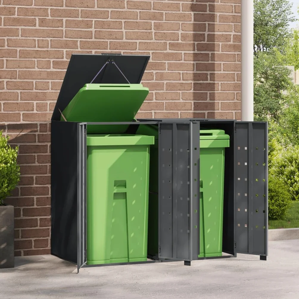 IKAYAA Cobertizo para Cubos de Basura Exterior 240L Gris Antracita 138x79x117 cm Metal para 2 Cubos con Tapa Resorte de Gas