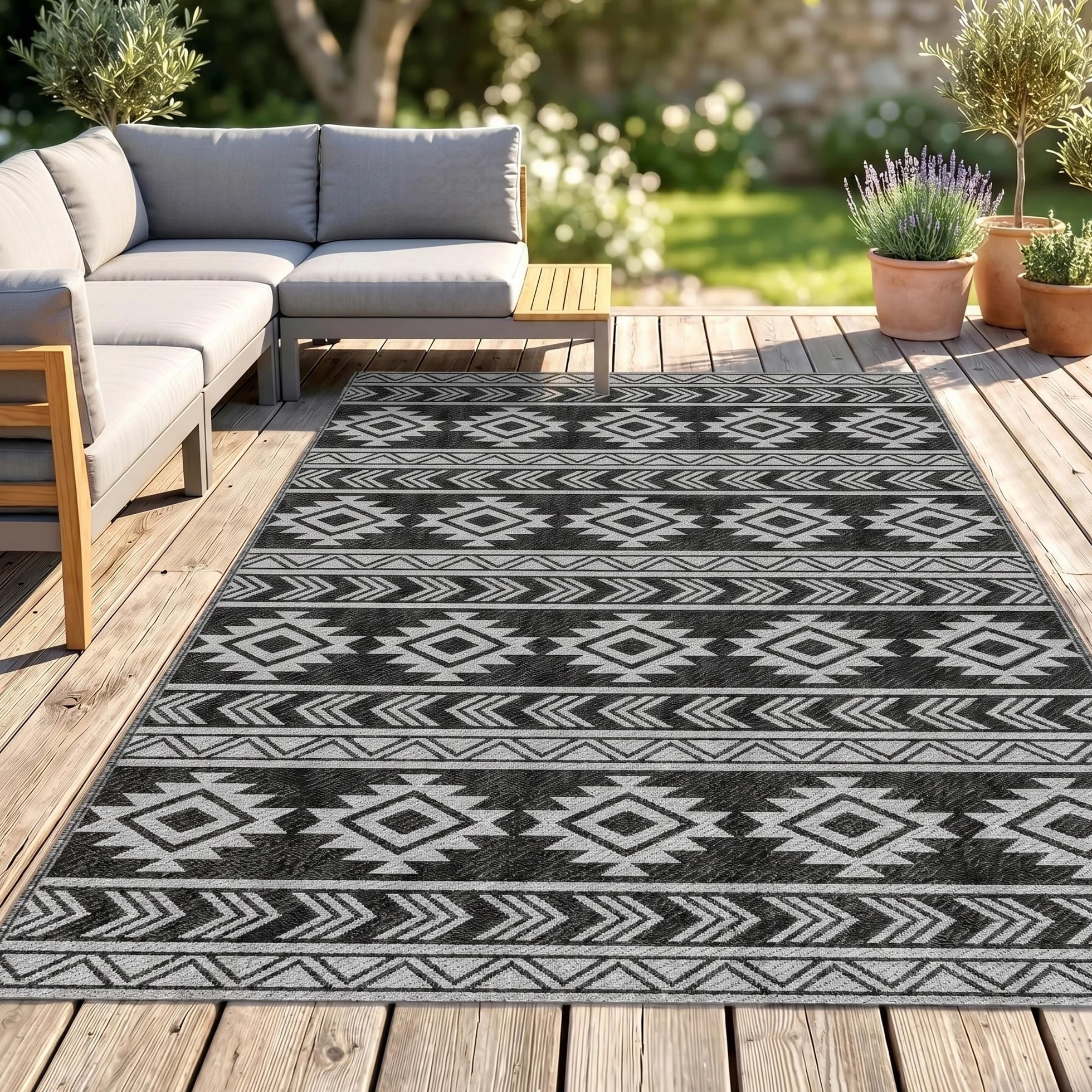 Outsunny Alfombra de Exterior 182x274 cm Reversible Impermeable Anti-UV Terraza Balcón Patio Negro Gris Claro