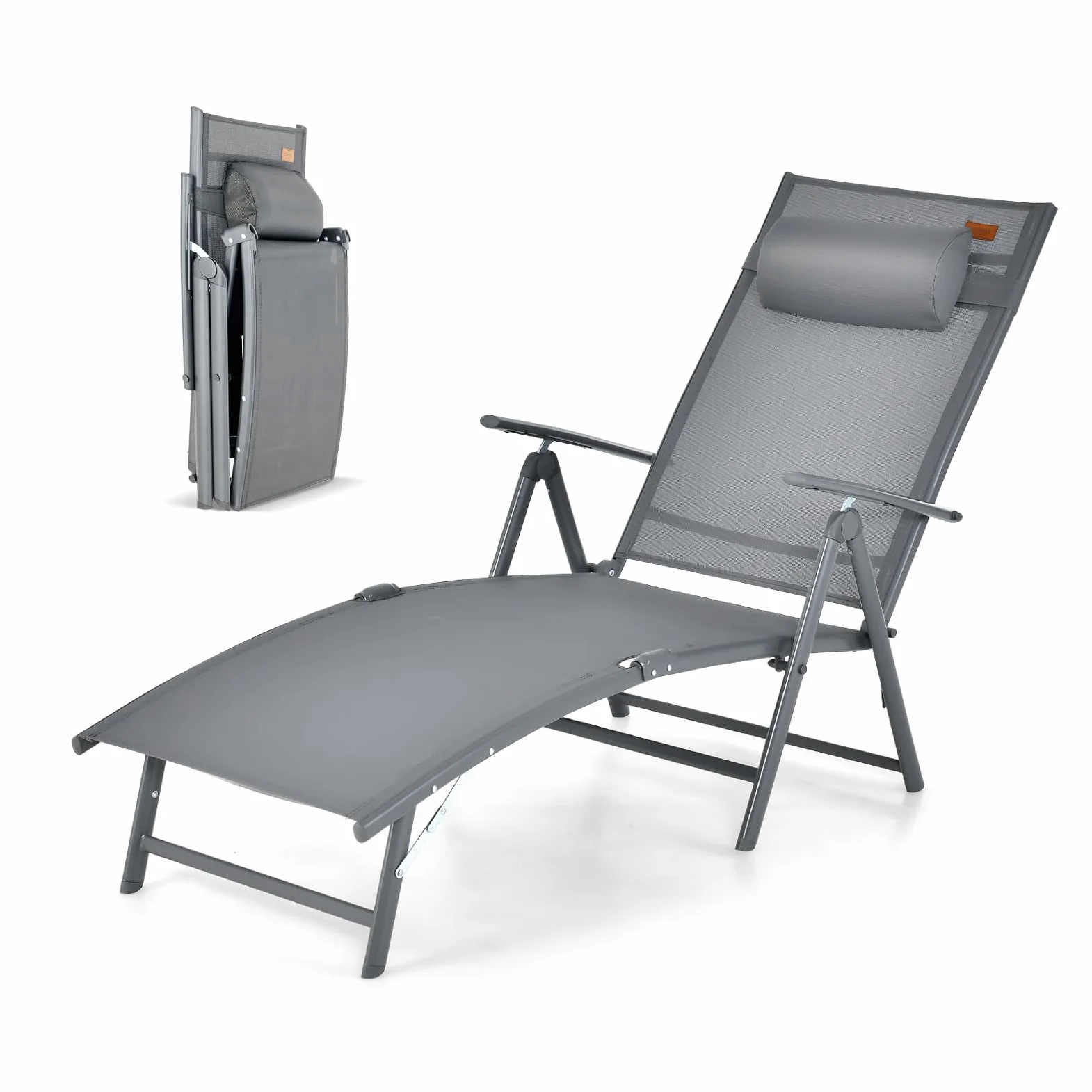 GIANTEX Silla reclinable con respaldo ajustable en 8 posiciones, silla tumbona plegable y cómoda de metal, capacidad de carga de 150 kg (gris)